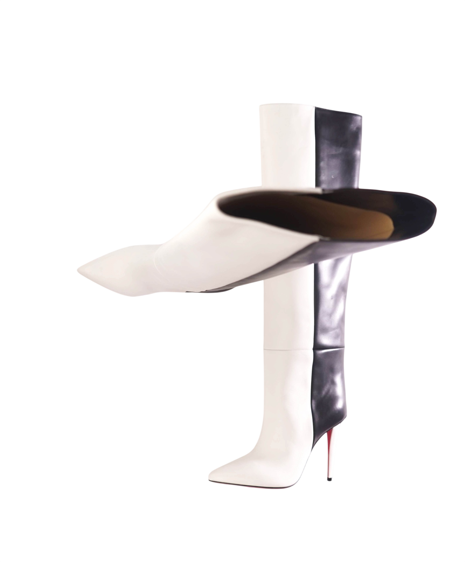 $1,995 CHRISTIAN LOUBOUTIN - Two-Tone Black/White Leather "ASTRILARGE" 100mm Knee High Boots - US 7.5 (37.5EU)