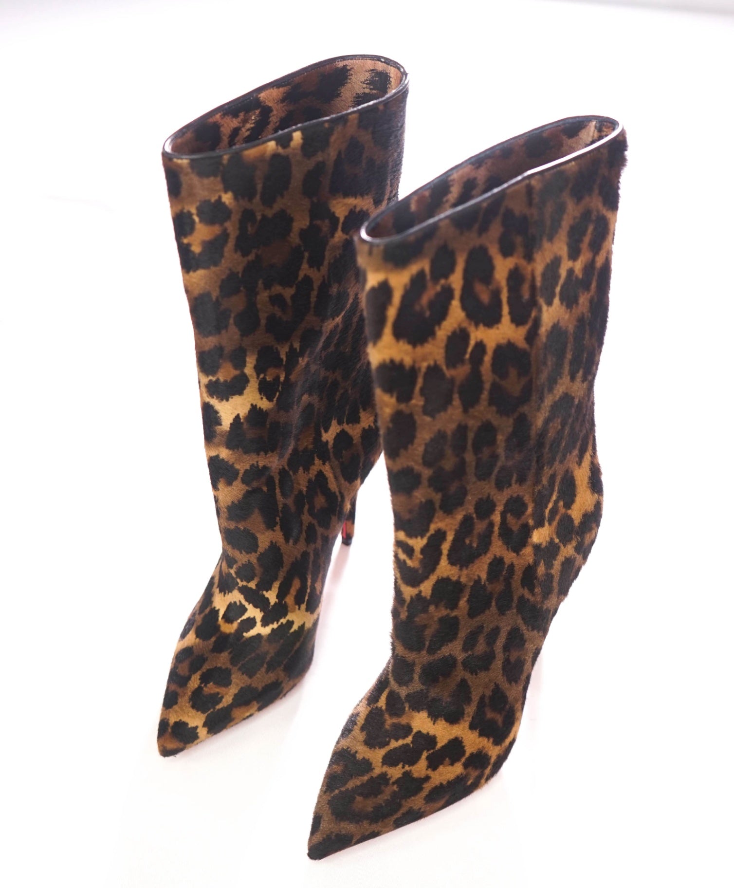 $1,995 CHRISTIAN LOUBOUTIN -  "ASTRYLARGE" Leopard Pony Hair 100mm Boots - US 7.5 (37.5EU)