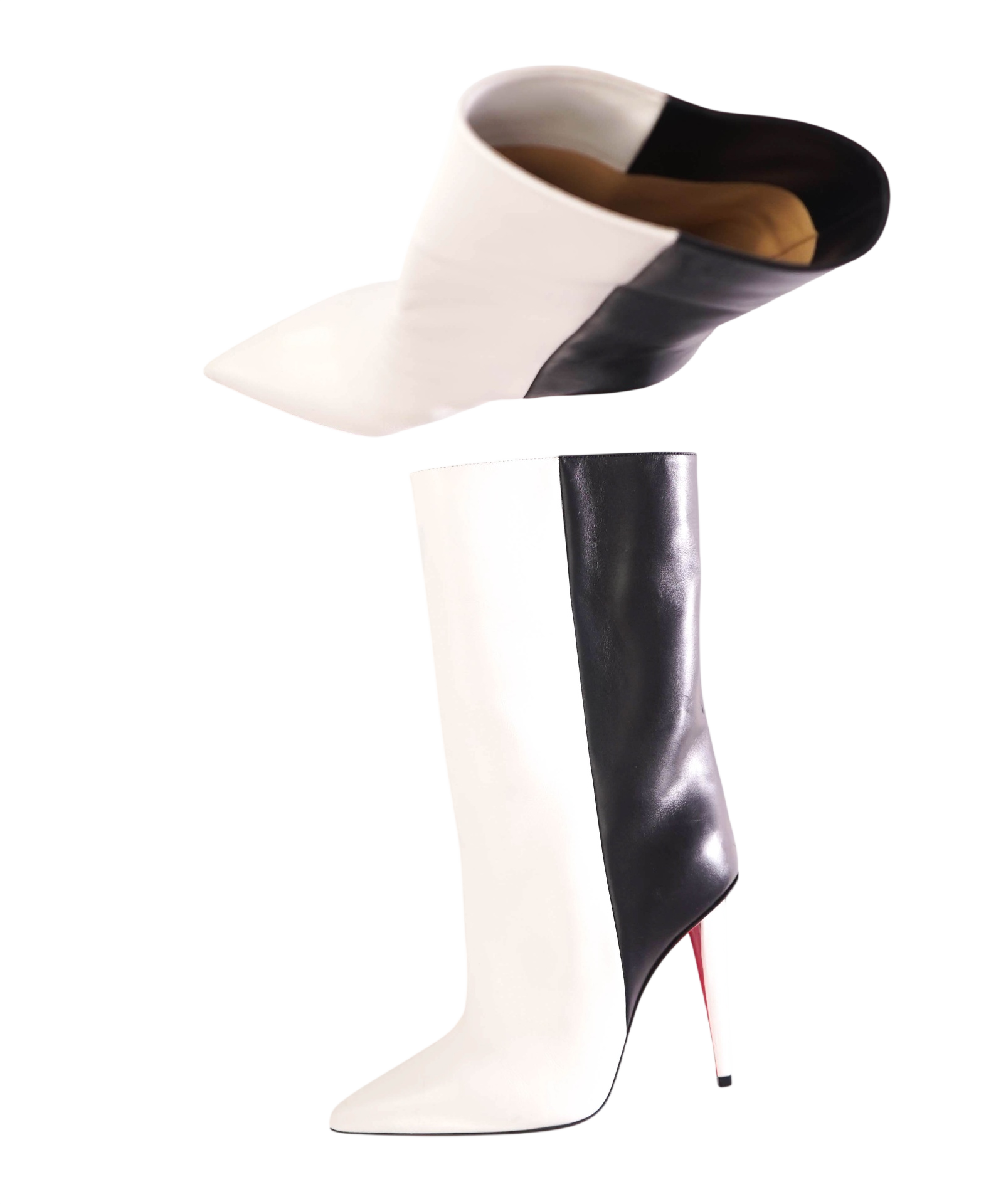 $1,595 CHRISTIAN LOUBOUTIN - Two-Tone Black/White Leather "ASTRILARGE BOOTY" 100mm Boots - US 6.5 (36.5EU)