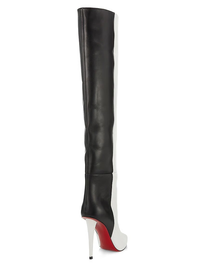 $1,995 CHRISTIAN LOUBOUTIN - Two-Tone Black/White Leather "ASTRILARGE" 100mm Knee High Boots - US 7.5 (37.5EU)