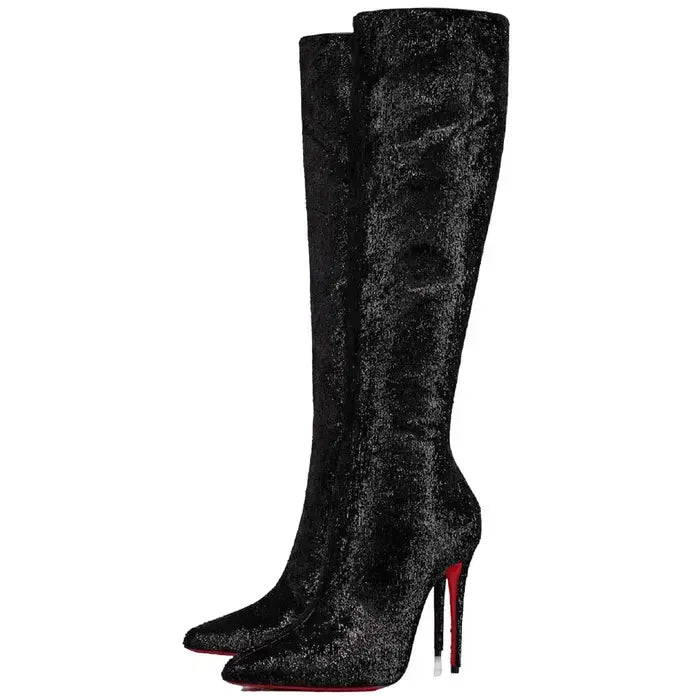 $1,845 CHRISTIAN LOUBOUTIN - Black "KATE BOTTA" Velours Papillon 100mm Boots - US 10 (40EU)