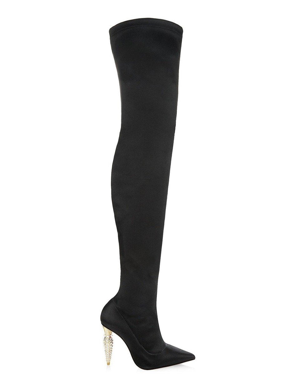 $3,495 CHRISTIAN LOUBOUTIN - Black Satin "LIPSTRASS BOTTA ALTA" 100mm Thigh Boots - US 7.5 (37.5EU)