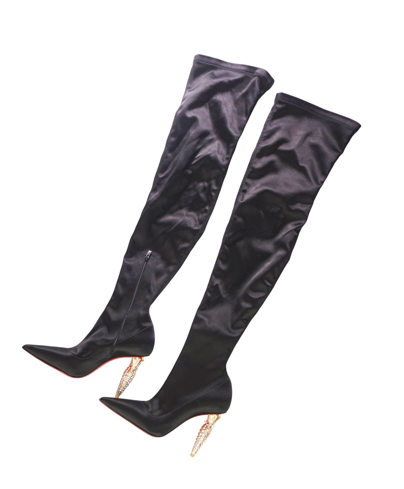 $3,495 CHRISTIAN LOUBOUTIN - Black Satin "LIPSTRASS BOTTA ALTA" 100mm Thigh Boots - US 7.5 (37.5EU)