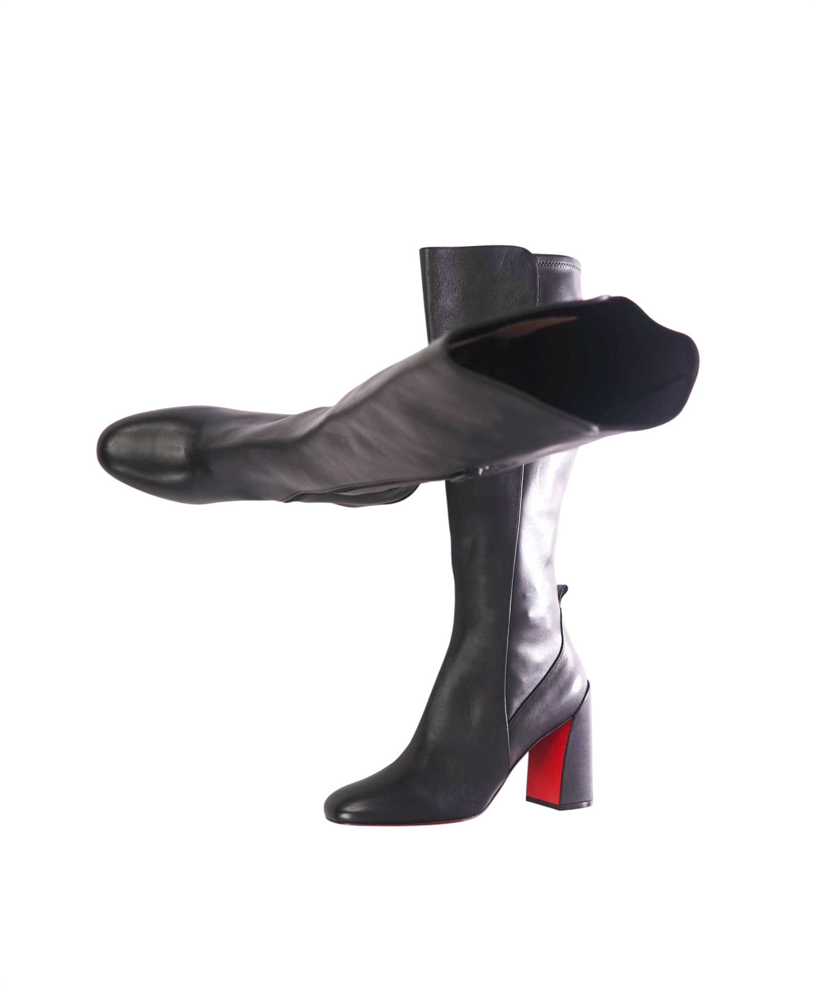 $2,195 CHRISTIAN LOUBOUTIN - Black Leather "JANE" 85mm Under Knee Boots - US 12 (42EU)