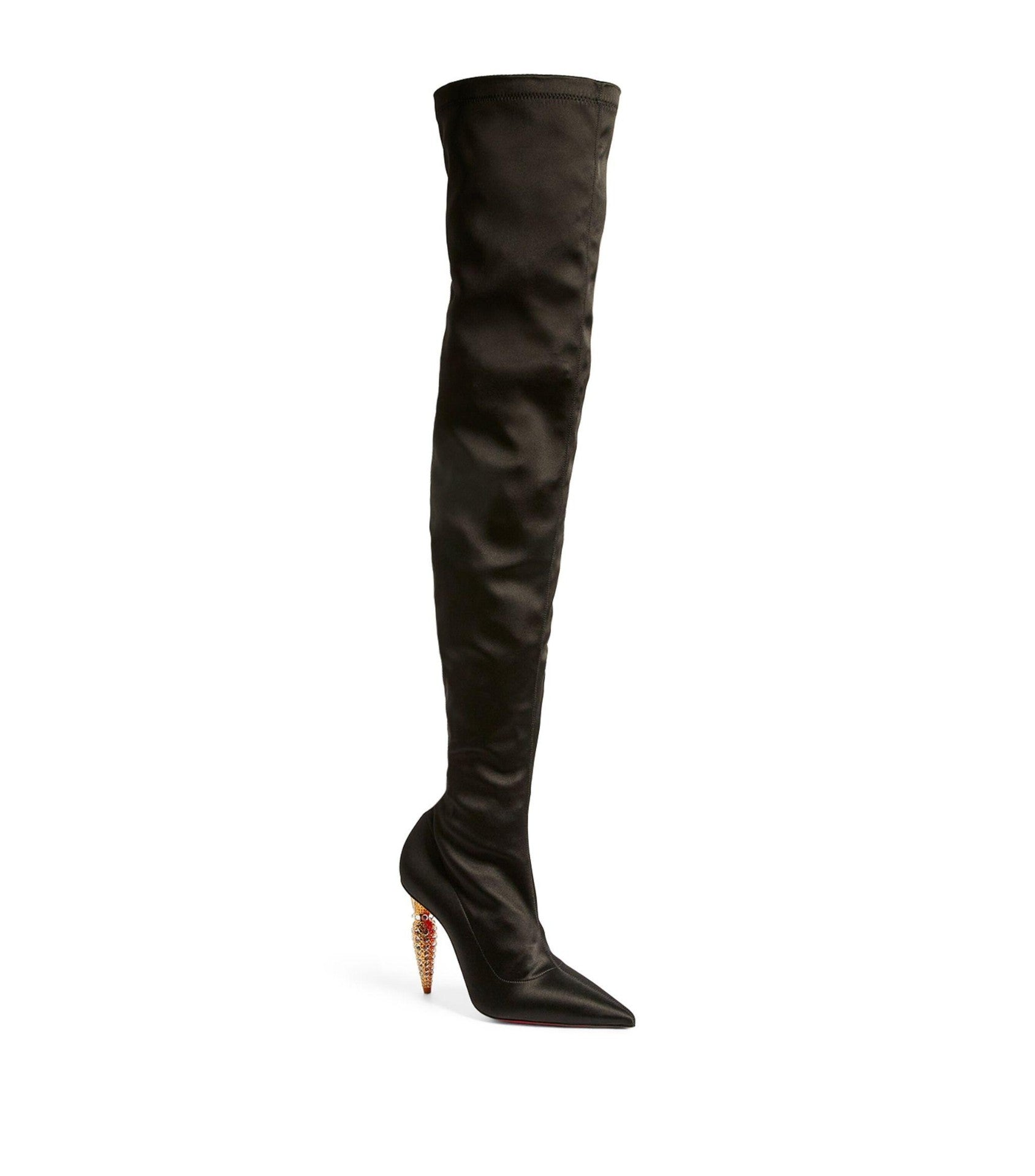$3,495 CHRISTIAN LOUBOUTIN - Black Satin "LIPSTRASS BOTTA ALTA" 100mm Thigh Boots - US 7.5 (37.5EU)