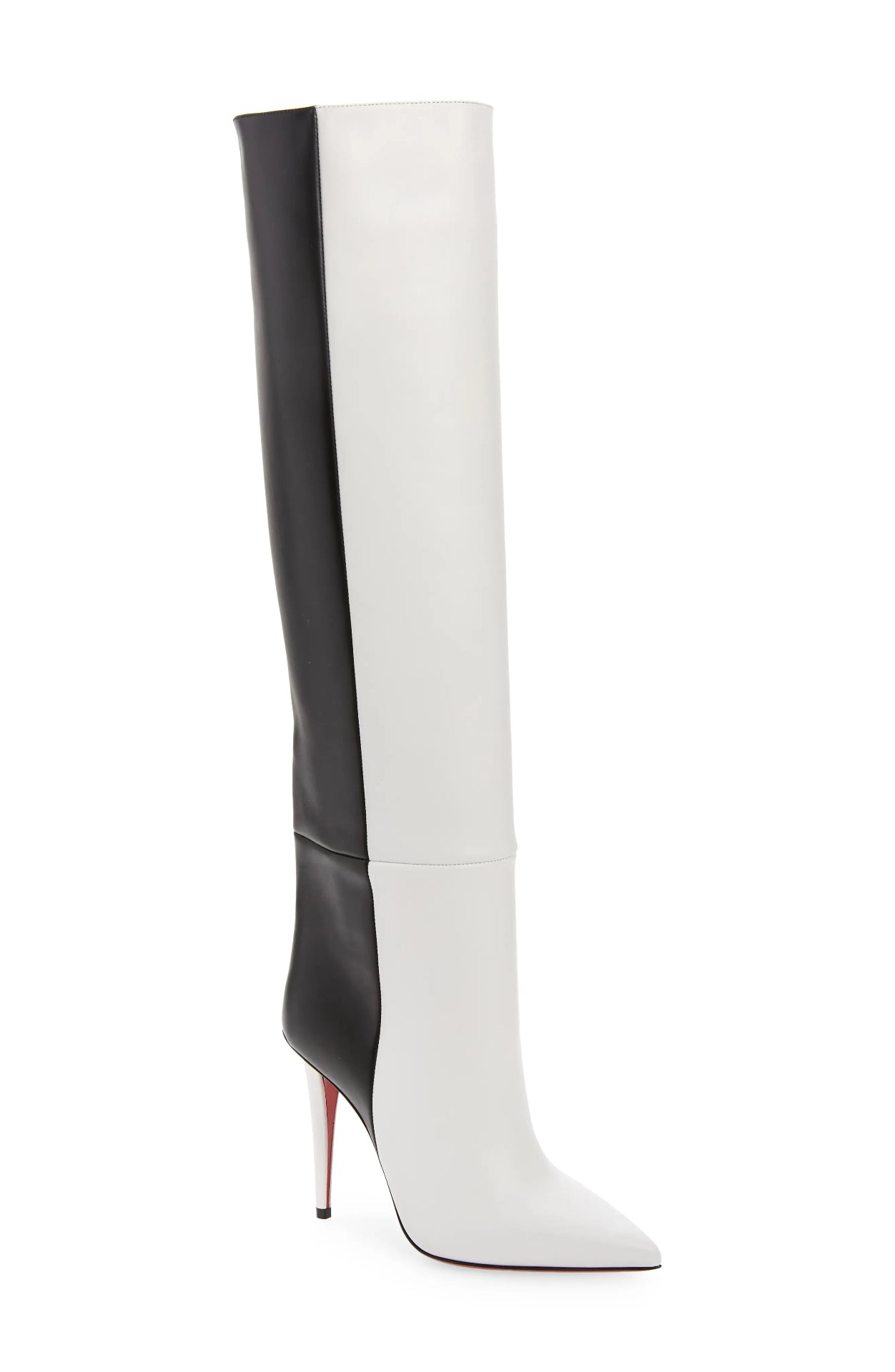 $1,995 CHRISTIAN LOUBOUTIN - Two-Tone Black/White Leather "ASTRILARGE" 100mm Knee High Boots - US 7.5 (37.5EU)