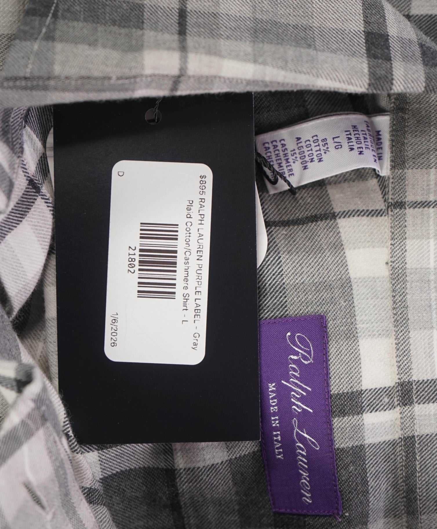$895 RALPH LAUREN PURPLE LABEL - Gray Plaid Cotton/Cashmere Shirt - L