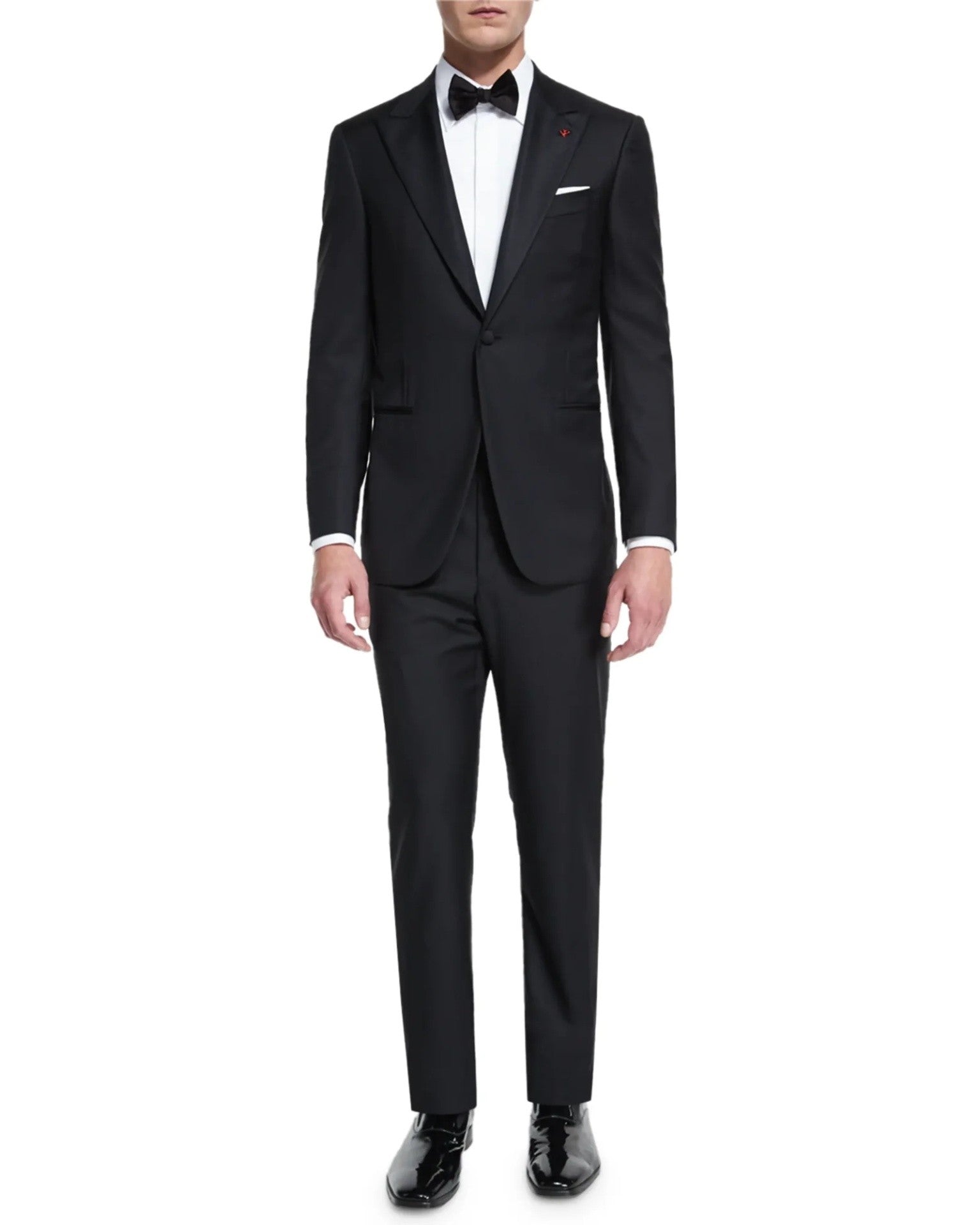 $4,595 ISAIA - "AQUASPIDER" Solid Black Wool Peak Lapel Tuxedo - 44L