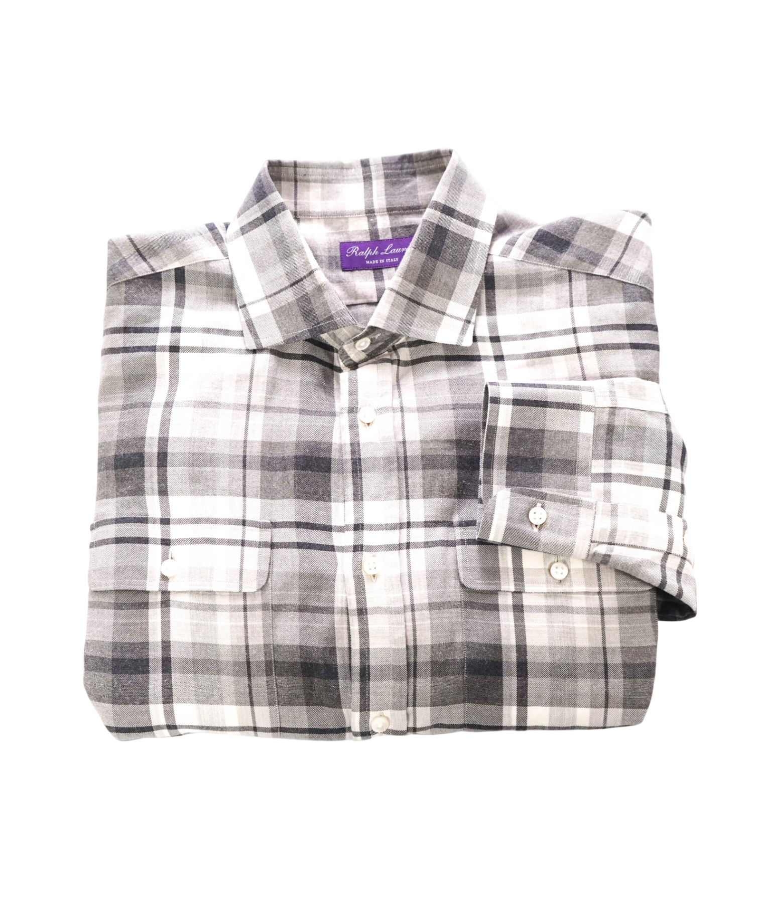 $895 RALPH LAUREN PURPLE LABEL - Gray Plaid Cotton/Cashmere Shirt - L