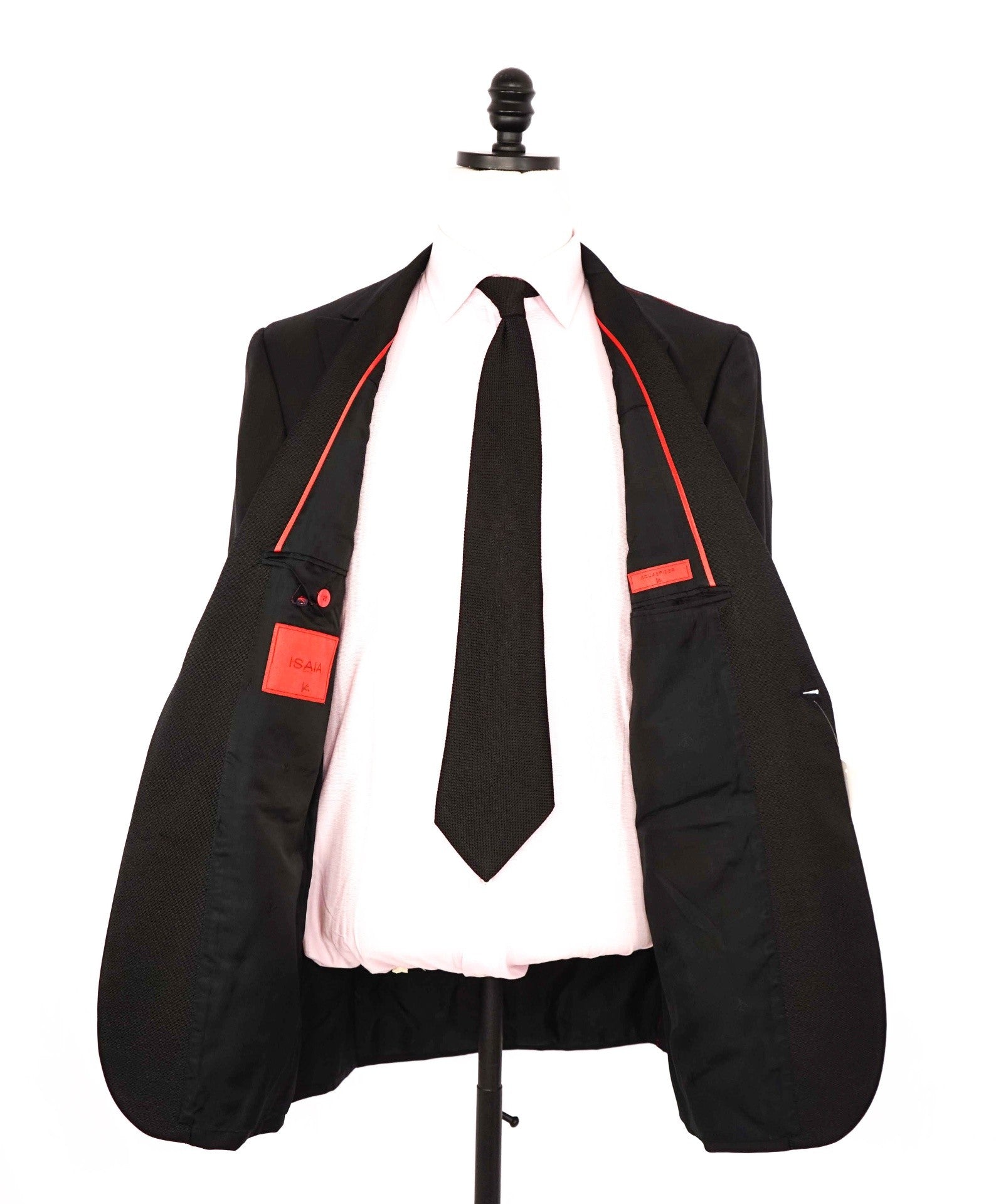 $4,595 ISAIA - "AQUASPIDER" Solid Black Wool Peak Lapel Tuxedo - 44L