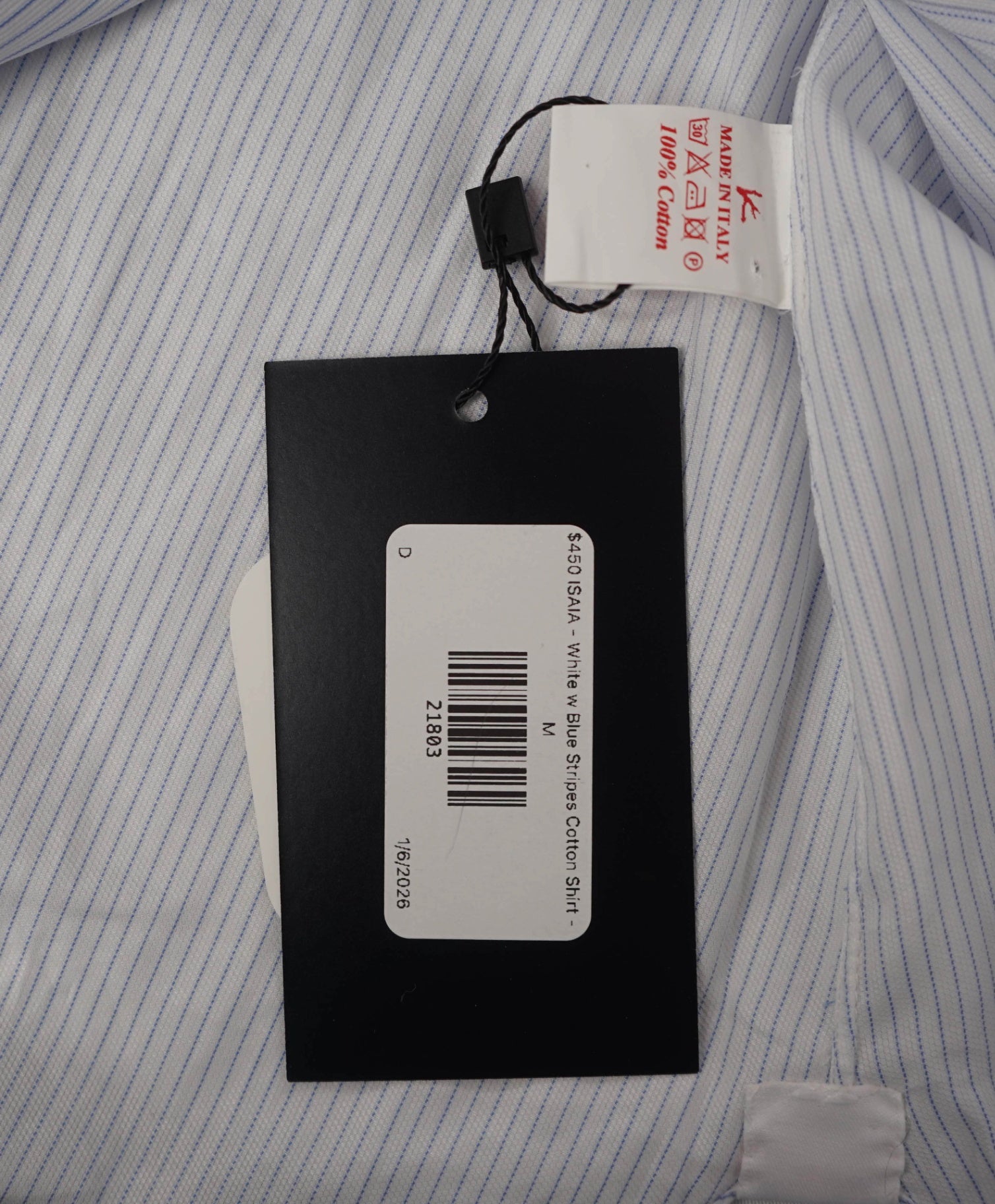 $450 ISAIA - White / Blue Pencil Stripe Cotton Shirt - M