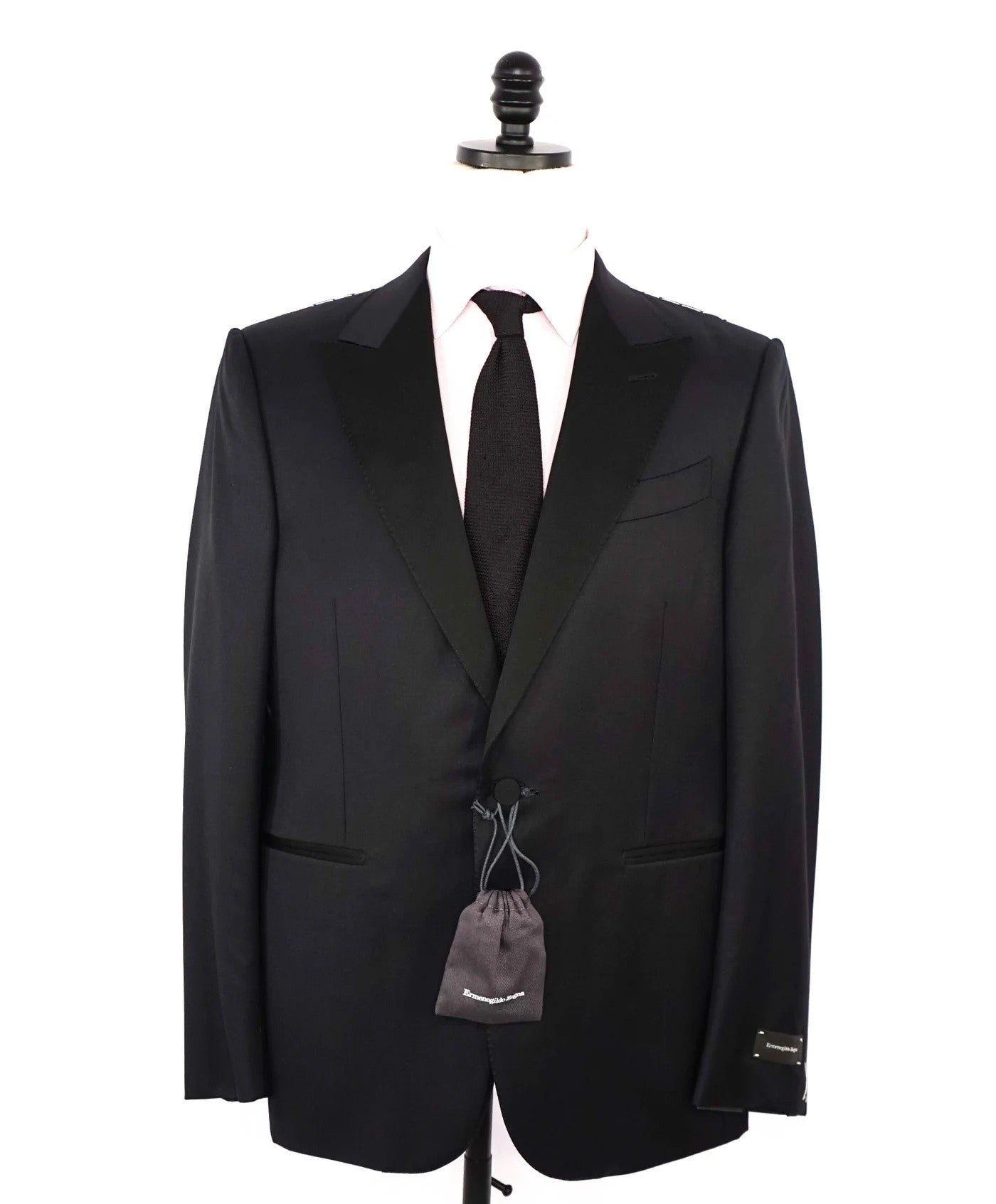 $3,995 ZEGNA - "MICROSPHERE" Solid Black Wool Peak Lapel Tuxedo - 46S