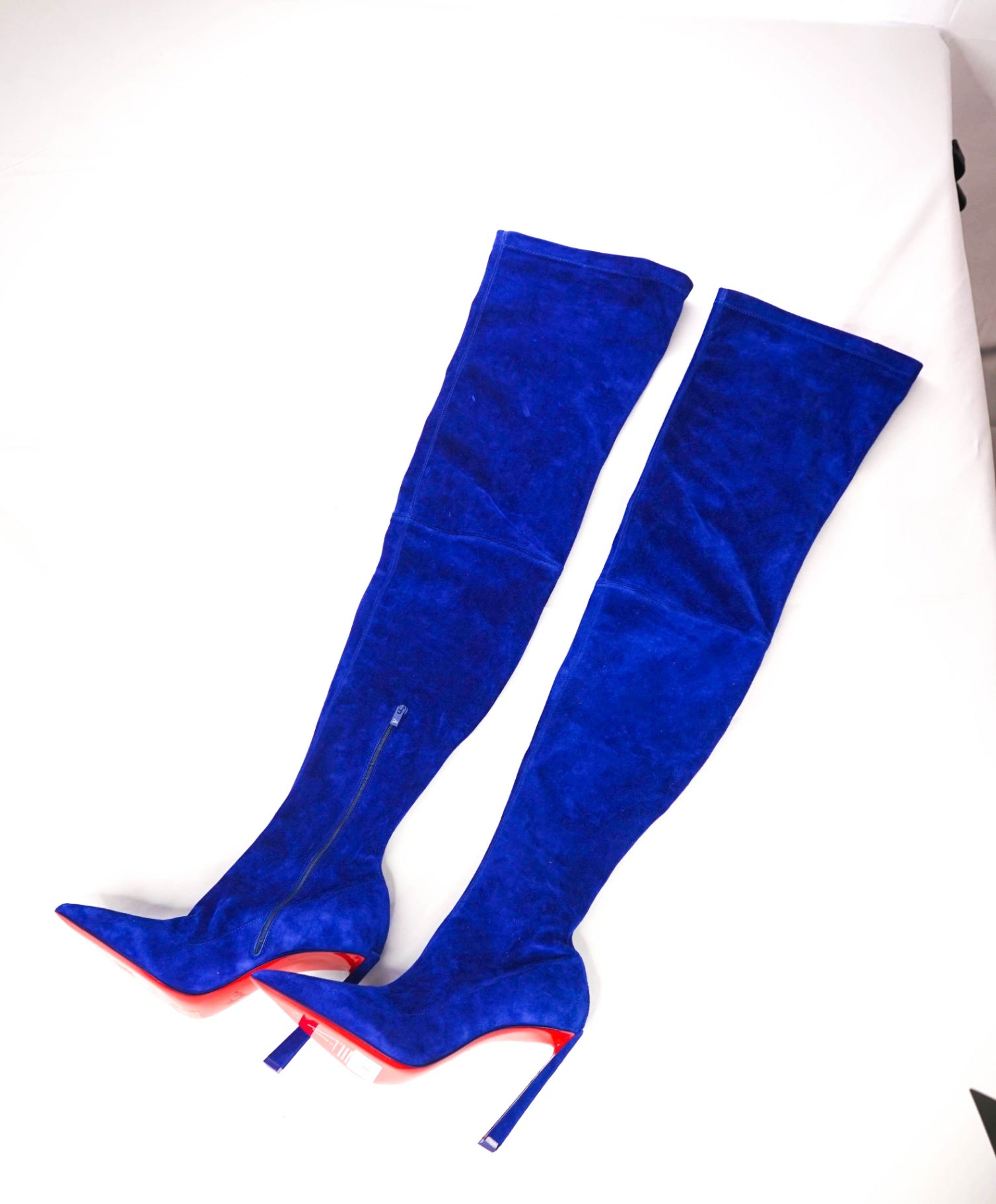 $2,895 CHRISTIAN LOUBOUTIN - Blue Suede 100mm "ALTA" Top over the knee Boots - US 11 (41EU)