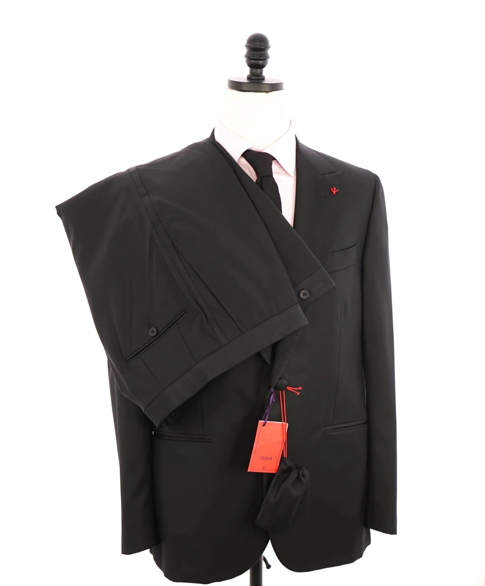 $4,595 ISAIA - "AQUASPIDER" Solid Black Wool Peak Lapel Tuxedo - 44L