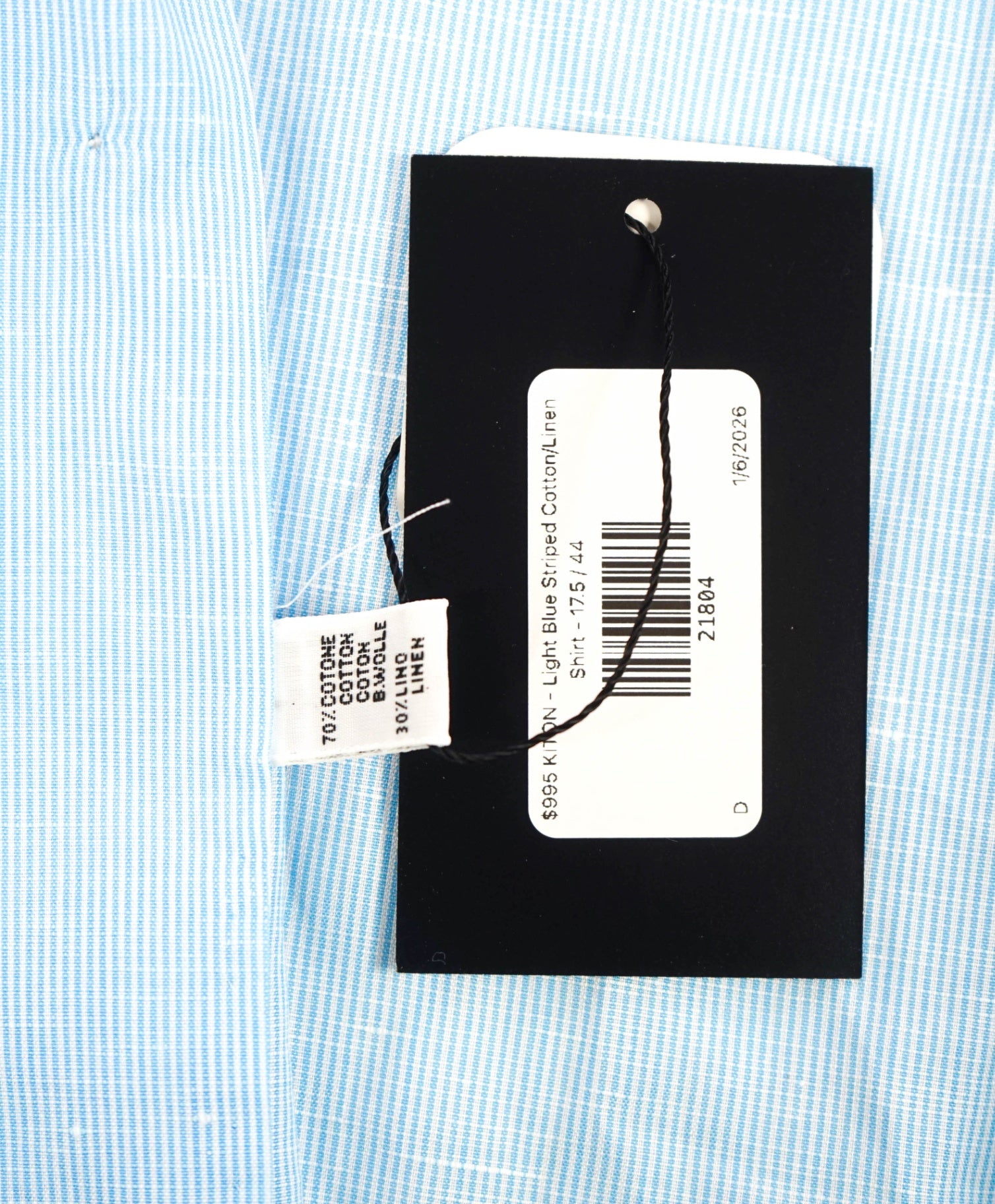 $995 KITON - Light Blue Striped Cotton/Linen Shirt - 17.5 / 44