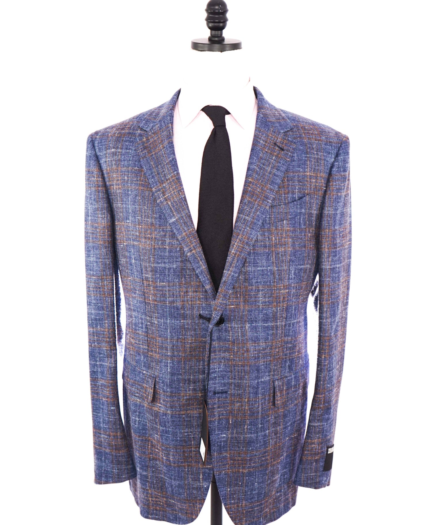 $2,990 ZEGNA - Blue Plaid Wool/Silk/Linen Blazer - 46L