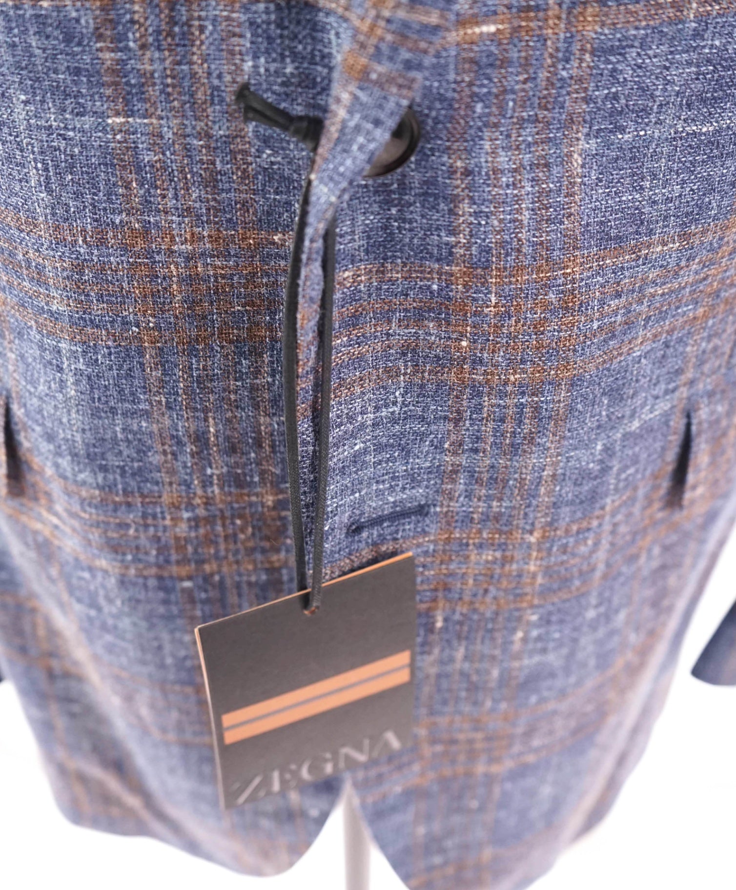 $2,990 ZEGNA - Blue Plaid Wool/Silk/Linen Blazer - 46L