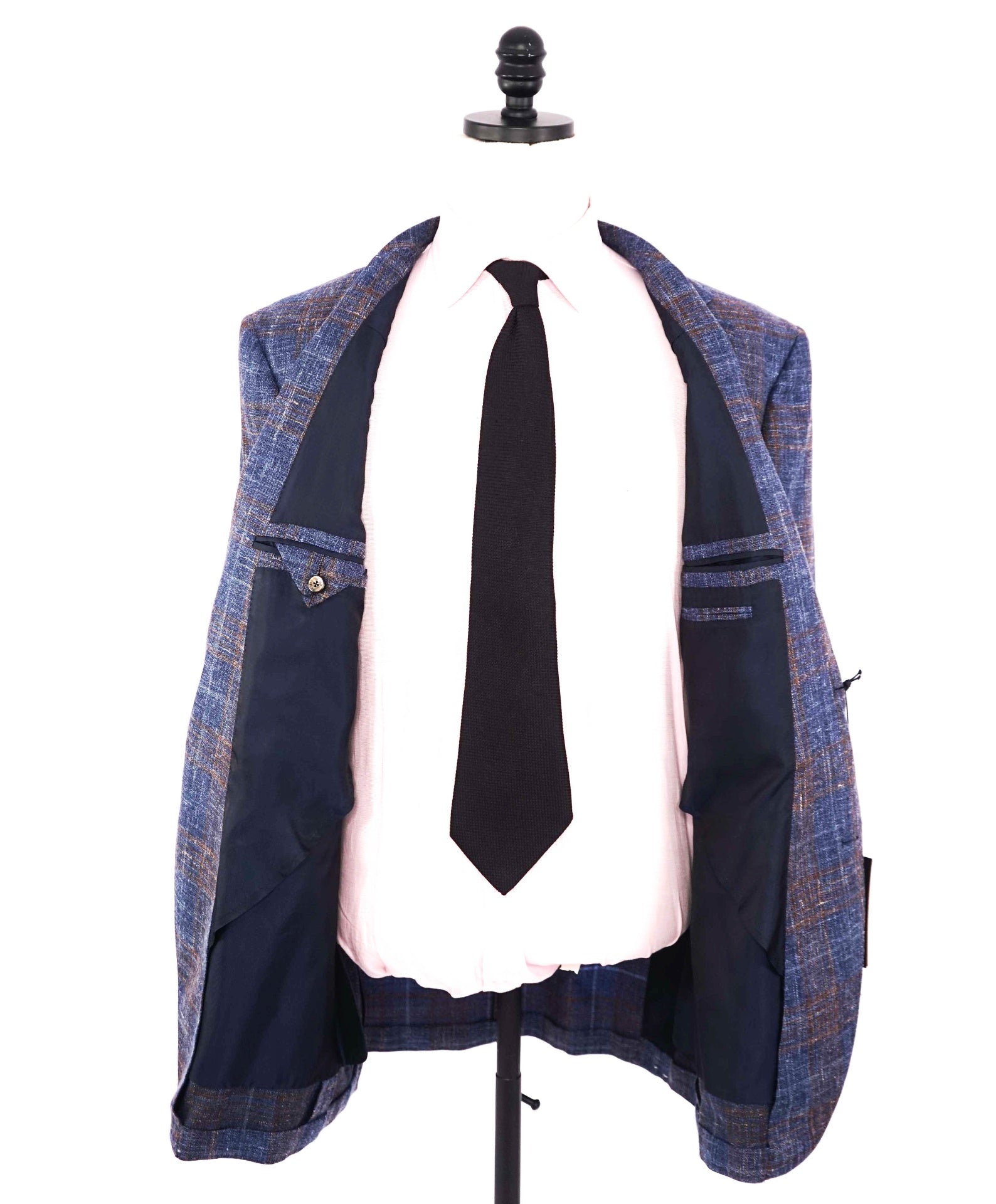 $2,990 ZEGNA - Blue Plaid Wool/Silk/Linen Blazer - 46L