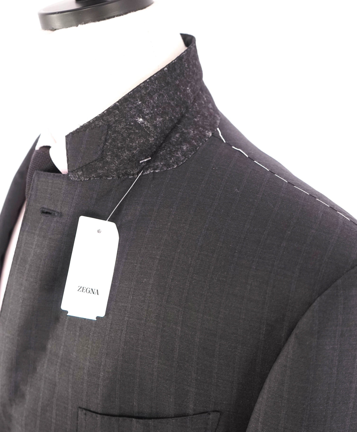 $4,790 ZEGNA - Black Chalk Stripe "15 MILMIL 15"  Wool/Silk Suit - 46L