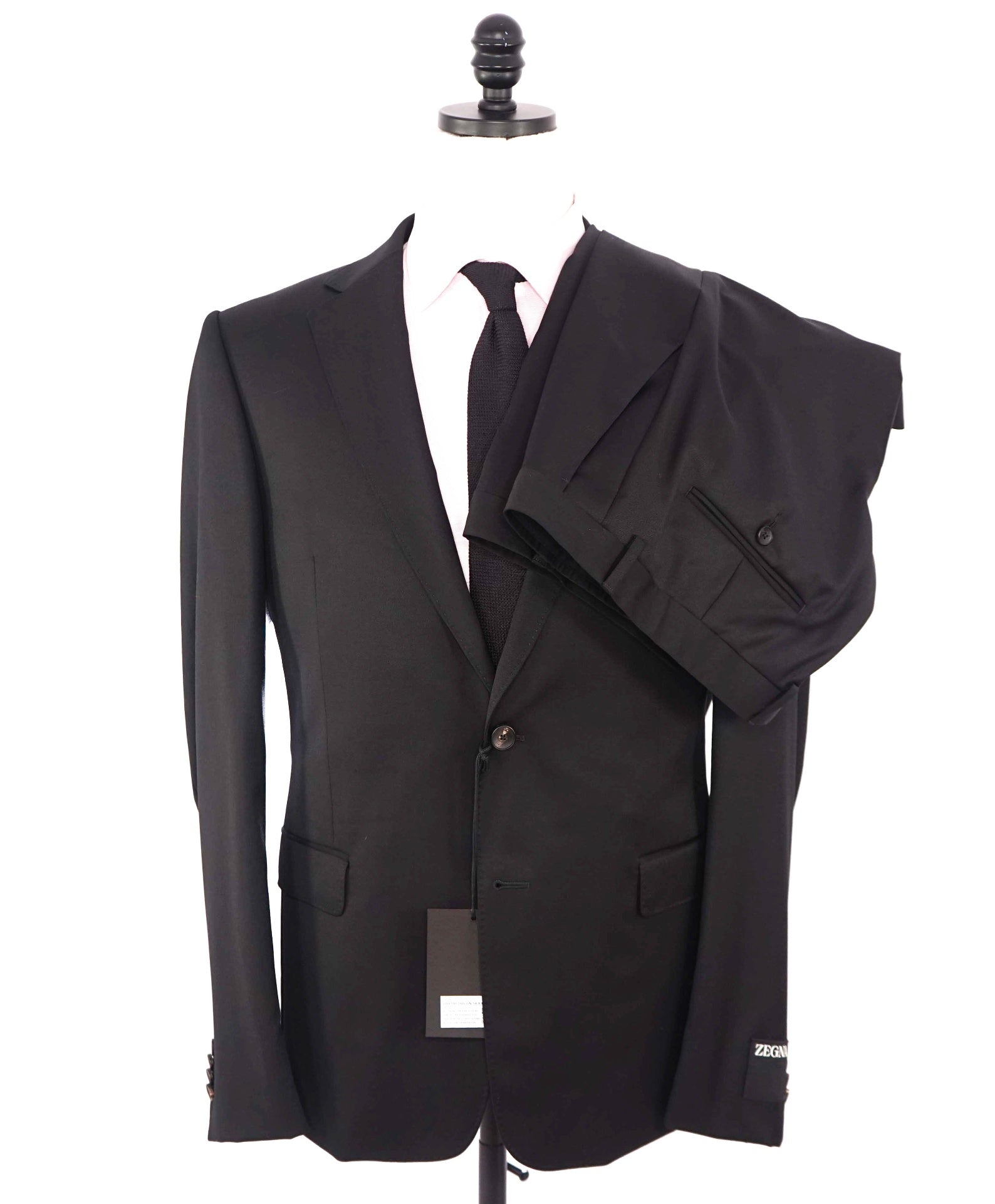 $3,750 ZEGNA - Solid Black Notch Lapel 2-Btn Wool Suit - 44R