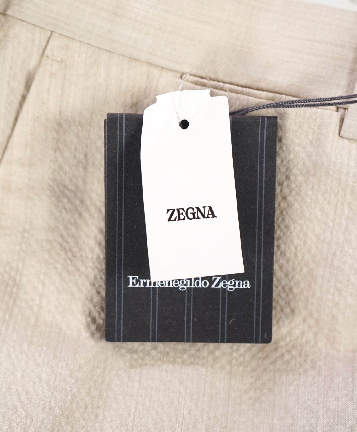 $795 ZEGNA - Beige "TROFEO SEERSUCKER" Slim Fit Pants - 40W