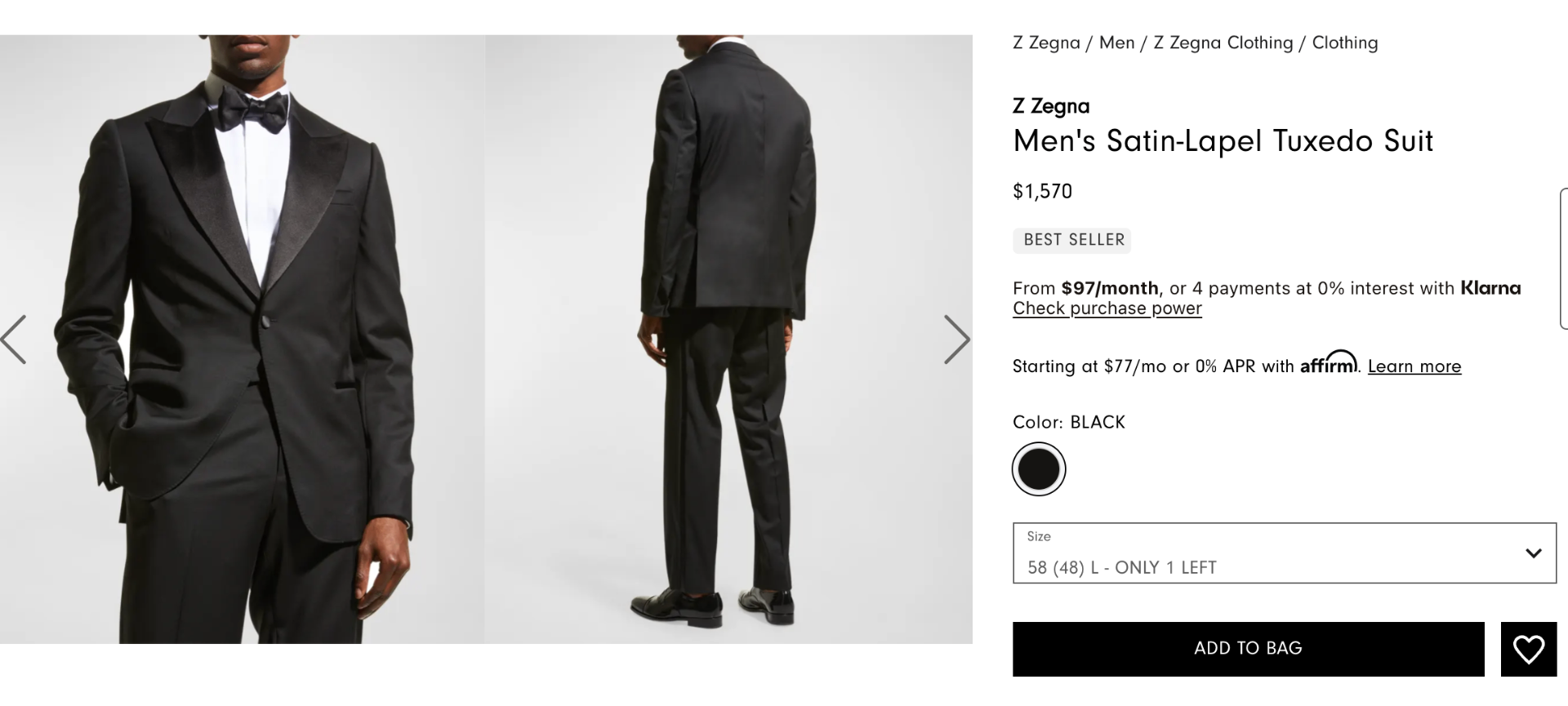 $1,570 Z ZEGNA - Solid Black Wool Peak Lapel Tuxedo - 48L