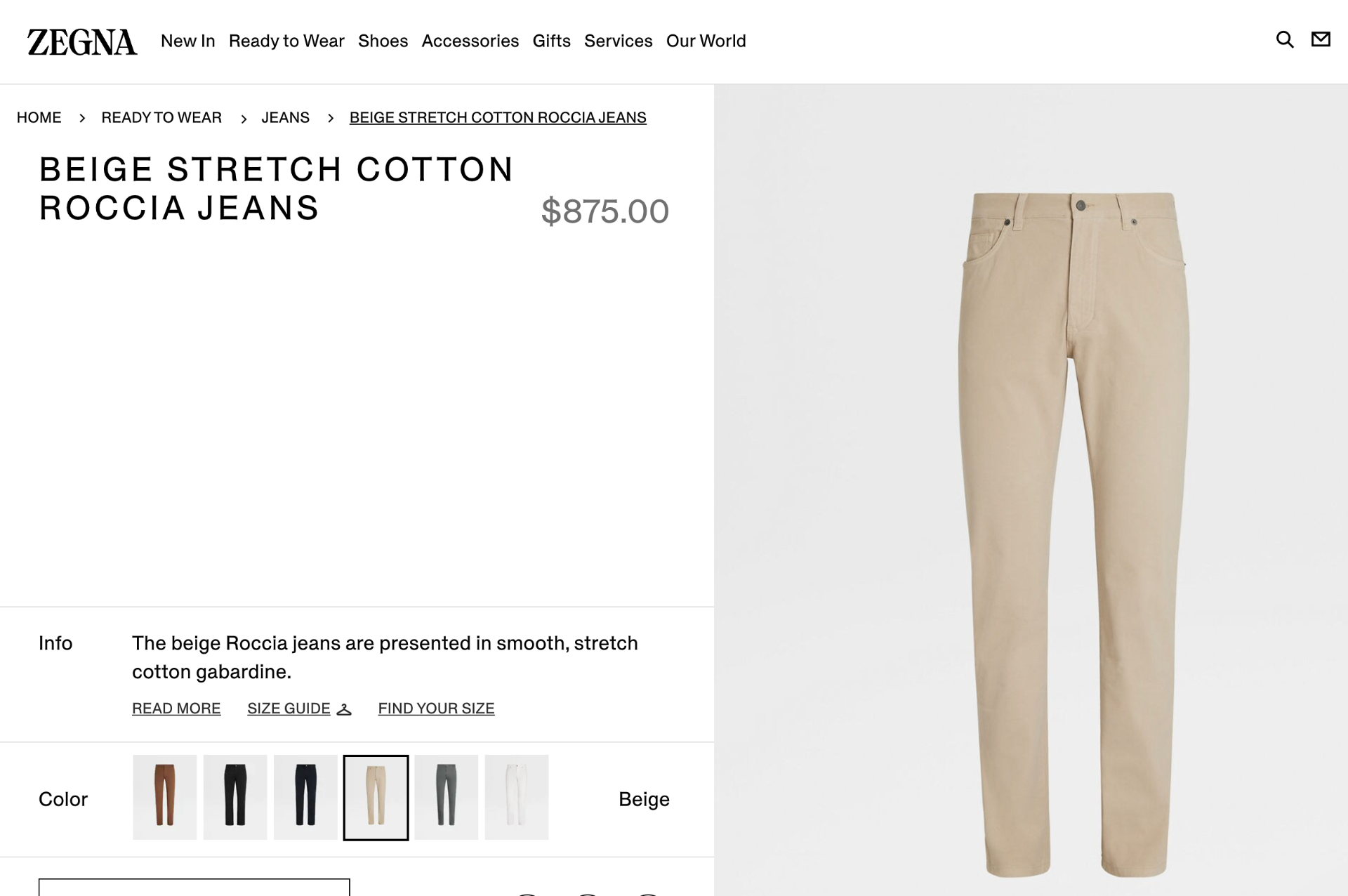 $795 ZEGNA - Solid Beige Denim Pants - 42W