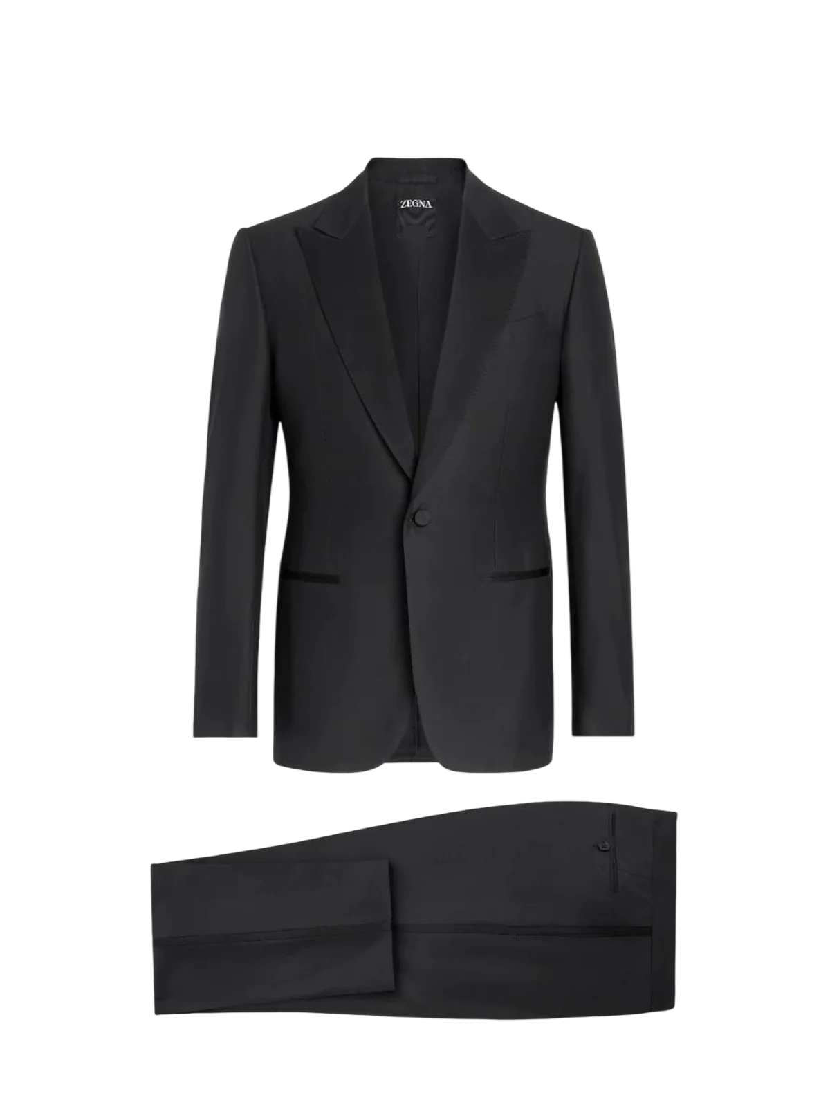 $3,990 ZEGNA - Solid Black Wool Peak Lapel Tuxedo - 42R