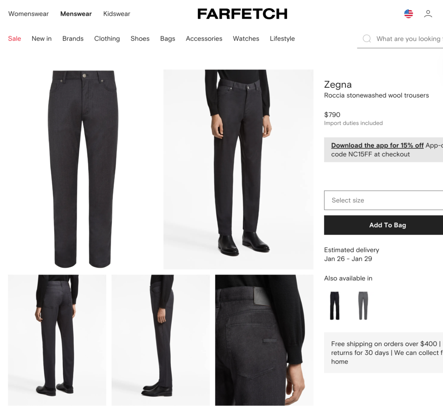 $695 ZEGNA - Solid Gray Wool 5-Pocket Pants - 42W