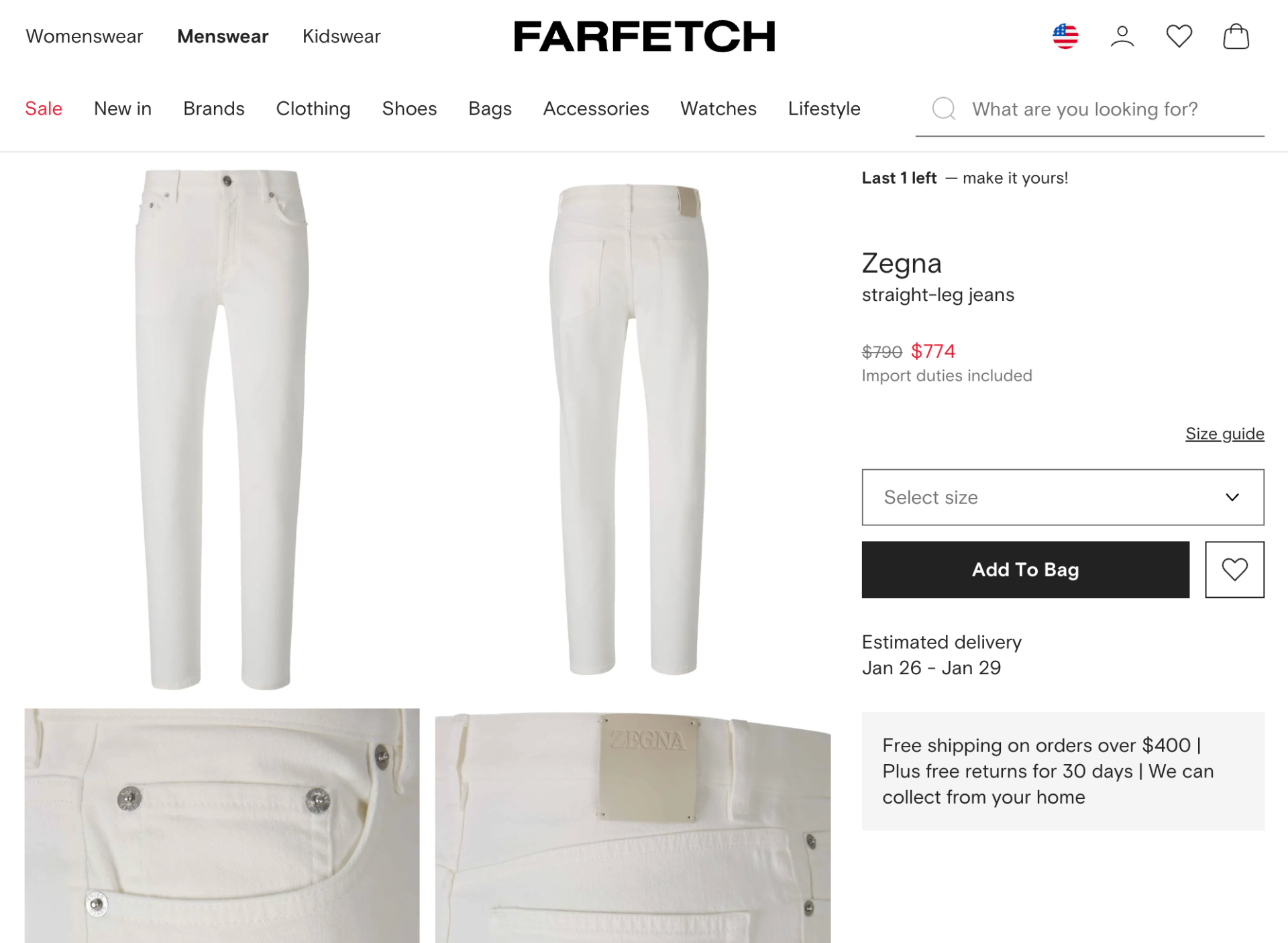 $385 ZEGNA - Solid White Slim Fit Denim Pants - 36W