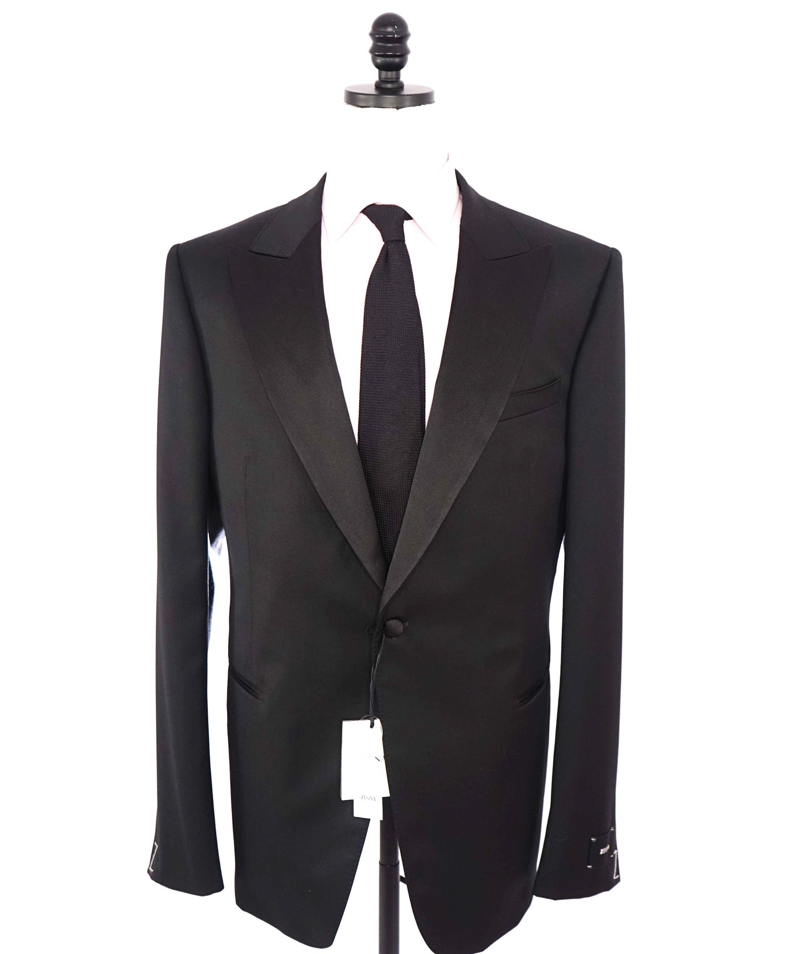 $1,570 Z ZEGNA - Solid Black Wool Peak Lapel Tuxedo - 48L