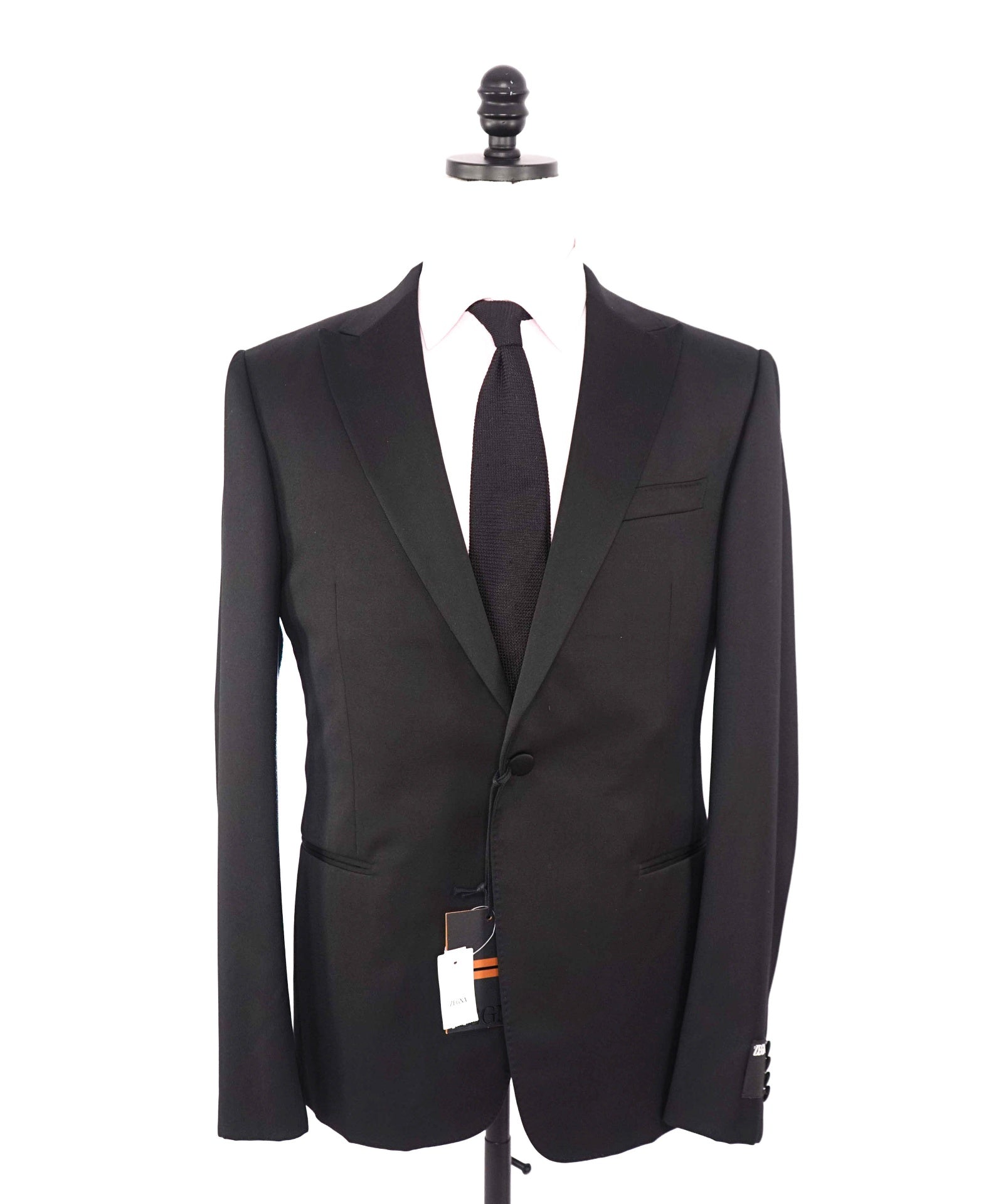 $3,990 ZEGNA - Solid Black Wool Peak Lapel Tuxedo - 42R