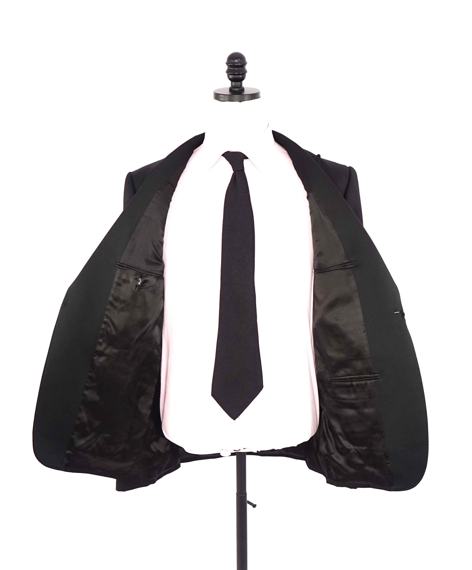 $3,990 ZEGNA - Solid Black Wool Peak Lapel Tuxedo - 46R