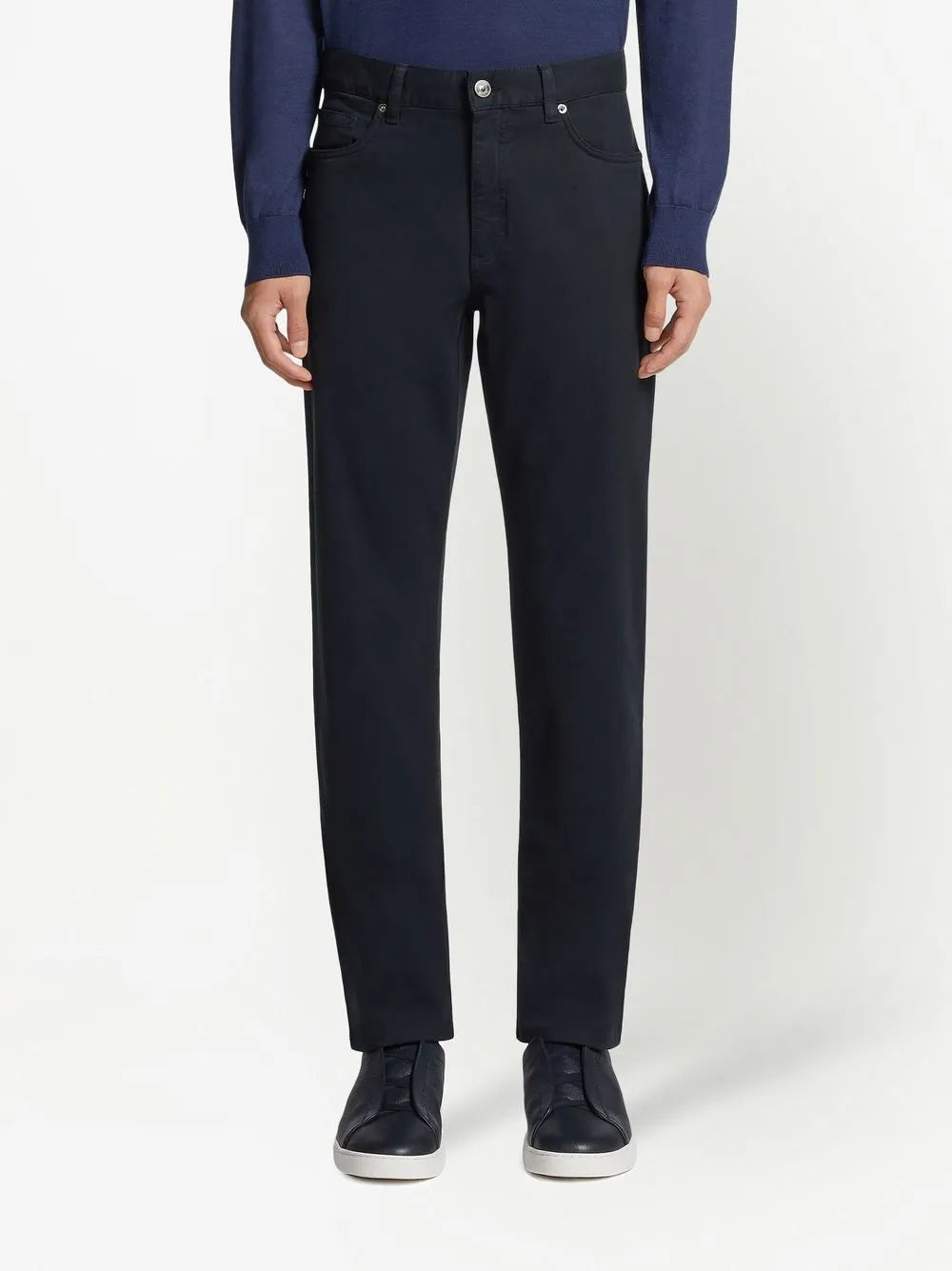 $690 ZEGNA - Navy Blue Cotton/Elastane 5-Pocket Chinos - 40W