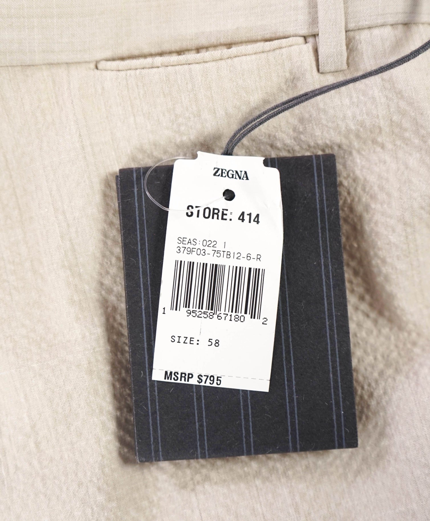 $795 ZEGNA - Beige "TROFEO SEERSUCKER" Slim Fit Pants - 40W