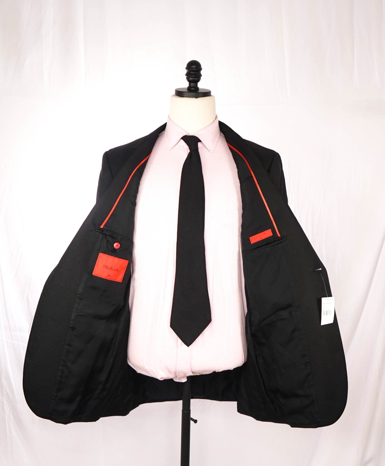 $4,595 ISAIA - "AQUASPIDER" Solid Black Wool Peak Lapel Tuxedo - 44L