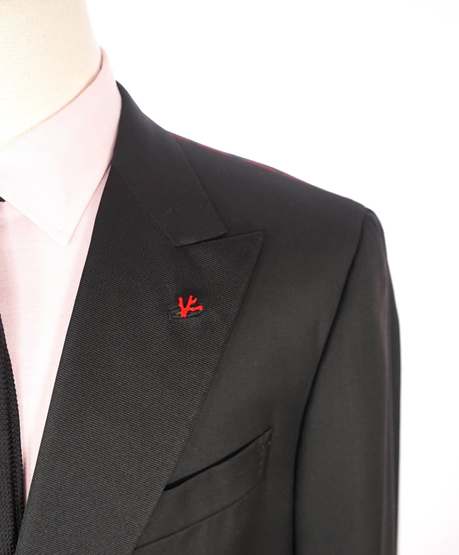$4,595 ISAIA - "AQUASPIDER" Solid Black Wool Peak Lapel Tuxedo - 44L