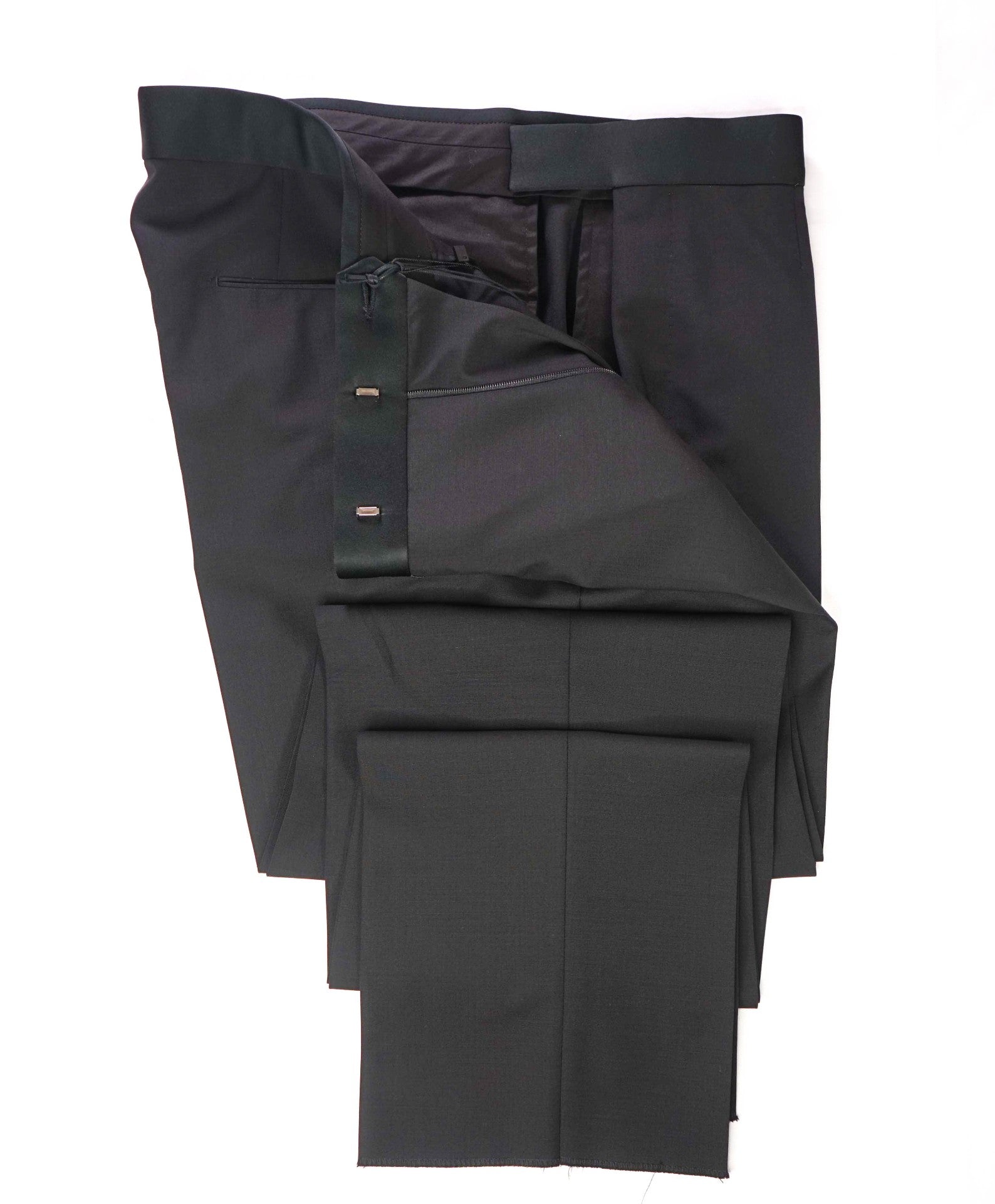 $890 ZEGNA - Black Wool/Mohair Modern Stripeless Tuxedo Pants - 38W