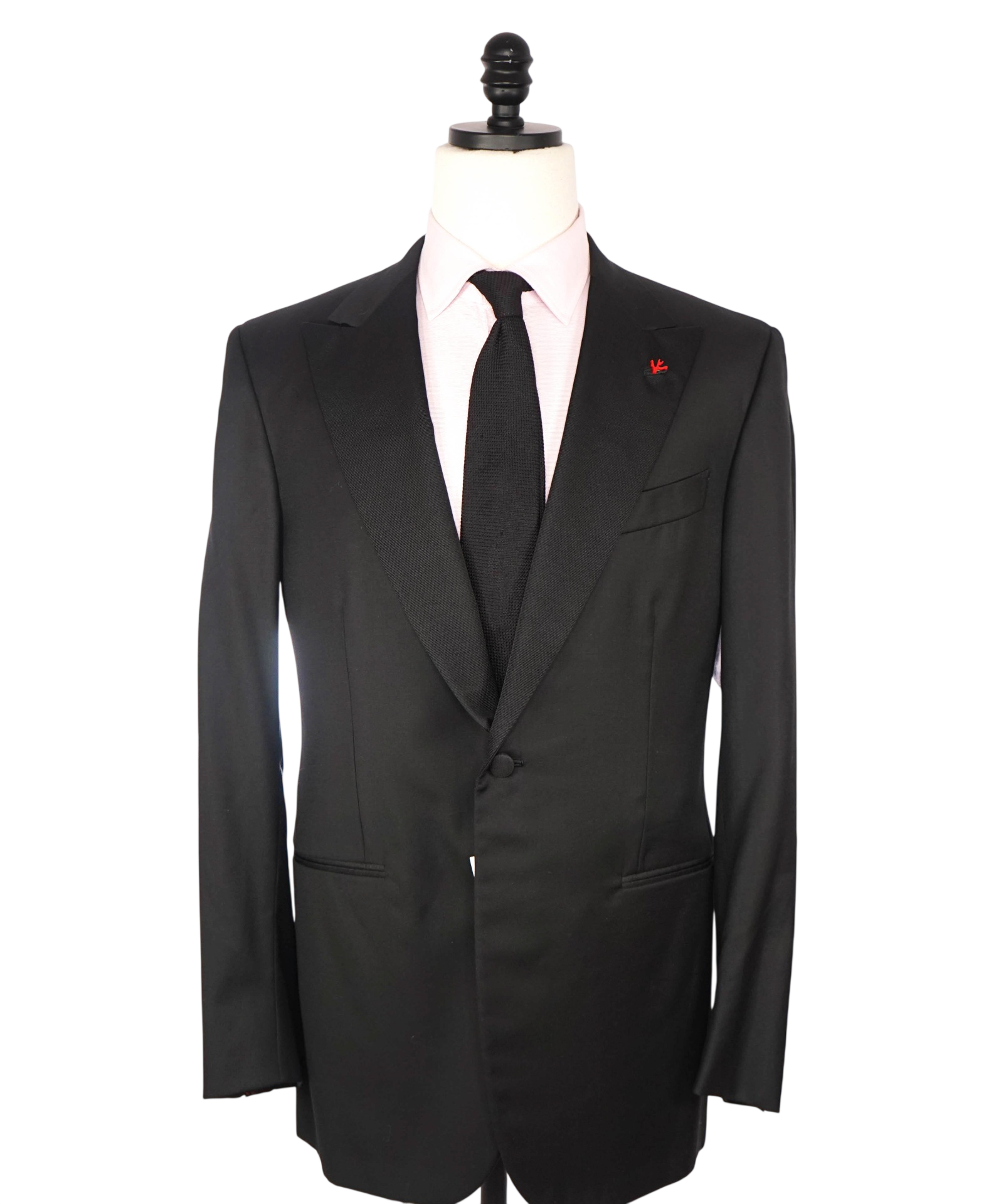 $4,595 ISAIA - "AQUASPIDER" Solid Black Wool Peak Lapel Tuxedo - 44L