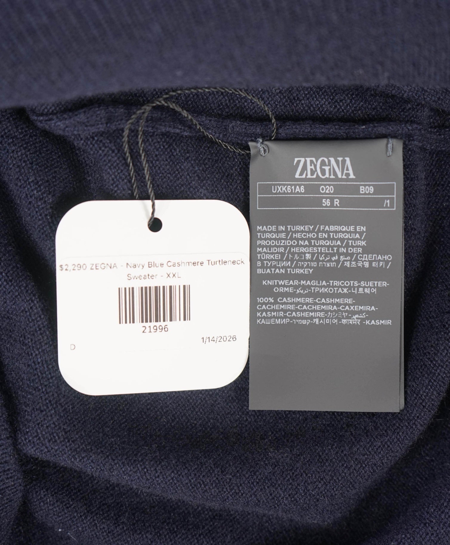 $2,290 ZEGNA - Navy PURE CASHMERE Turtleneck Sweater - XXL (56EU)