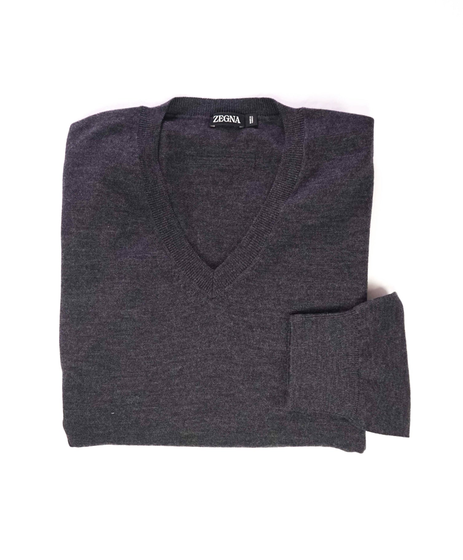 $315 ZEGNA - Solid Gray Wool V-Neck Sweater - XL