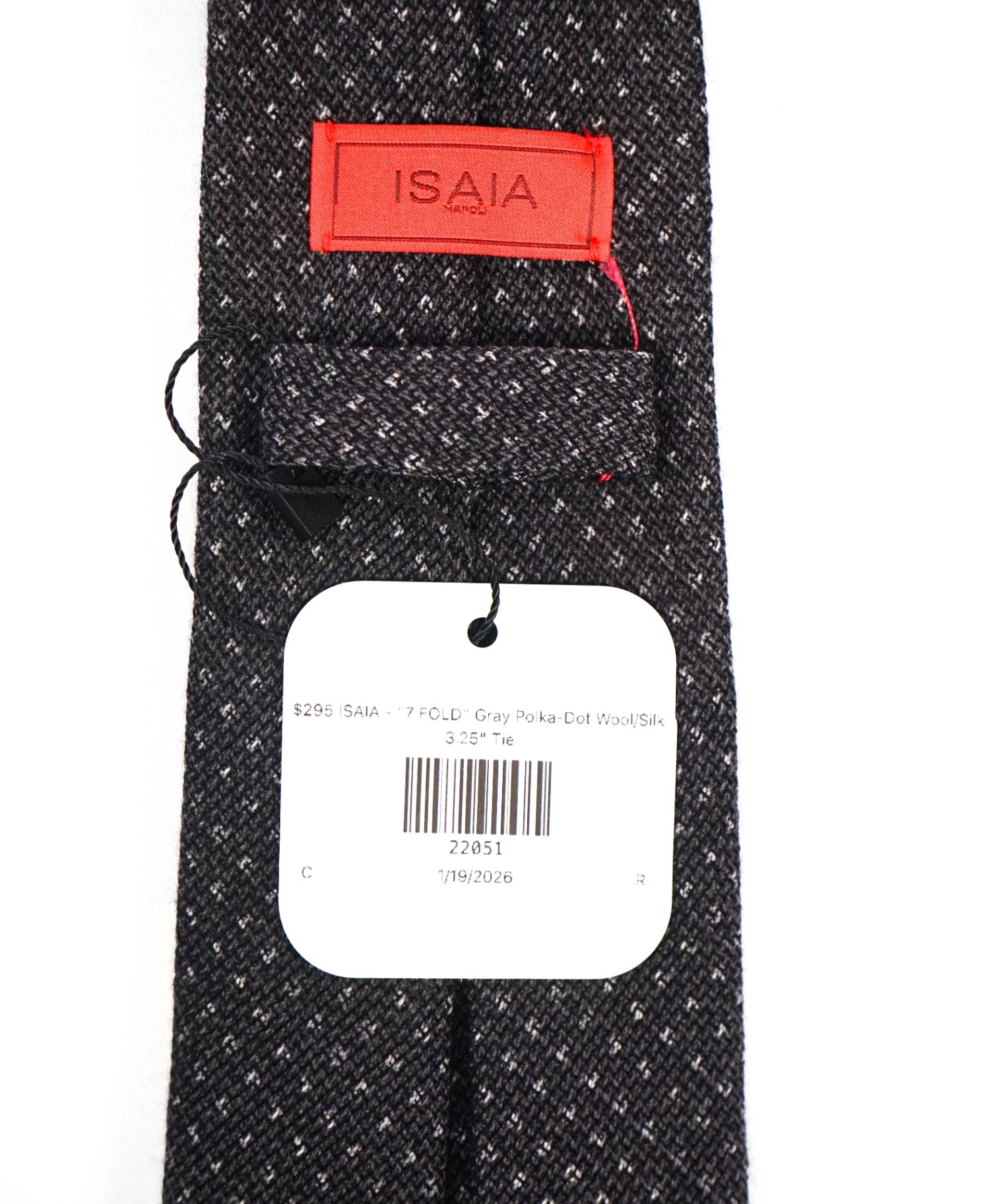 $295 ISAIA - "7 FOLD" Gray Polka-Dot Wool/Silk 3.25" Tie