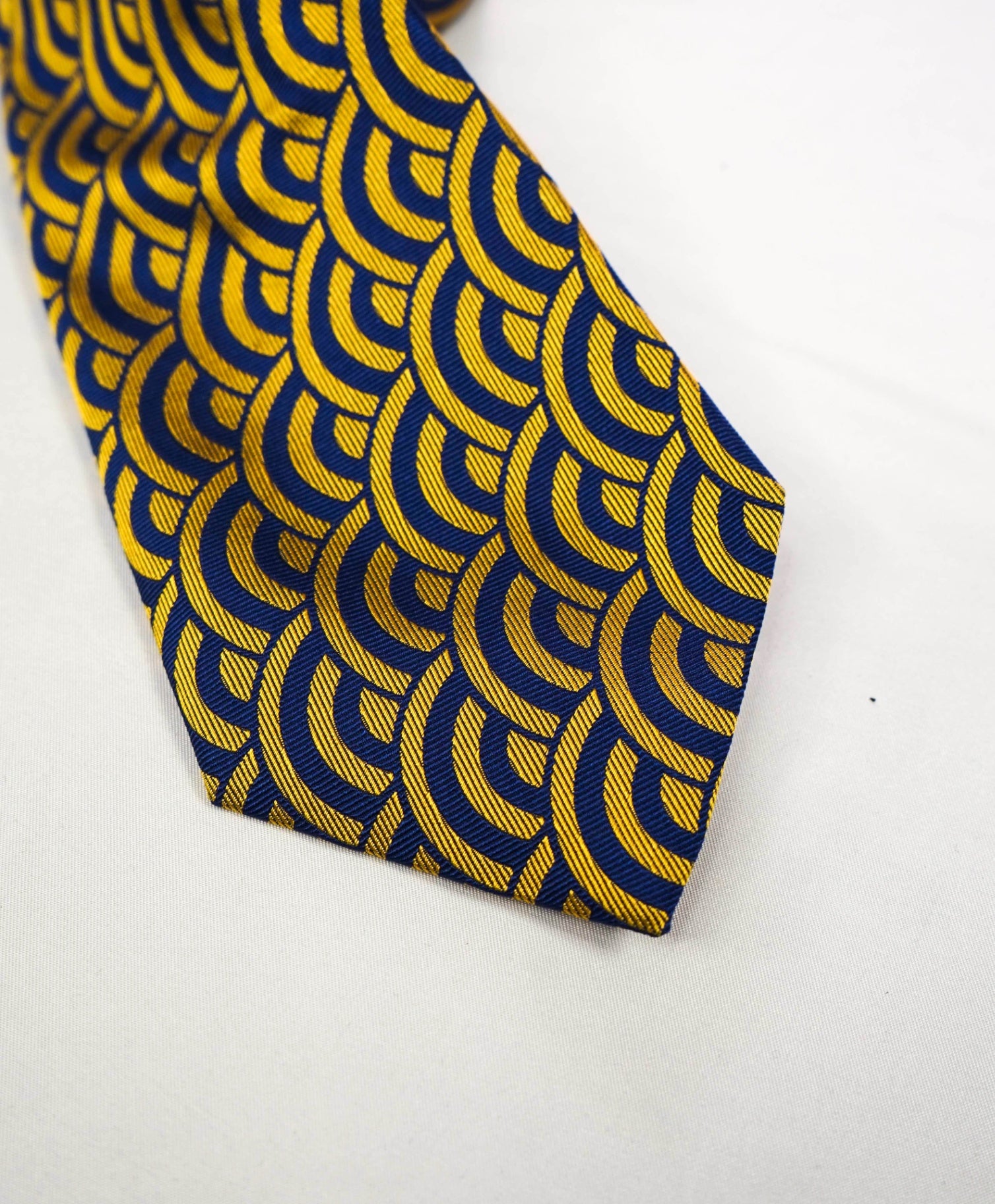 $315 TURNBULL & ASSER - Blue/Gold Seigaiha Silk 3.5" Tie