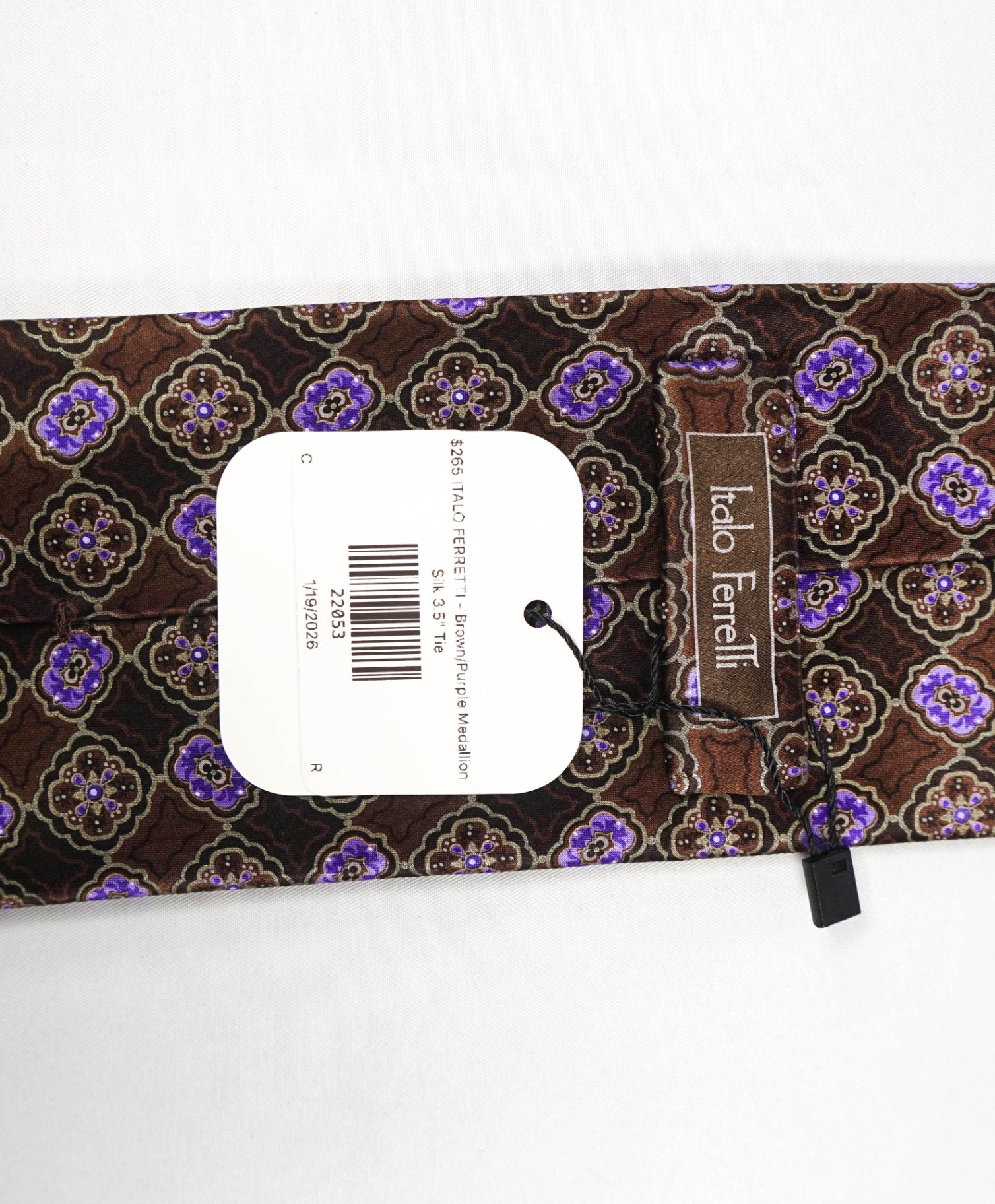 $265 ITALO FERRETTI - Brown/Purple Medallion Printed Silk 3.5" Tie