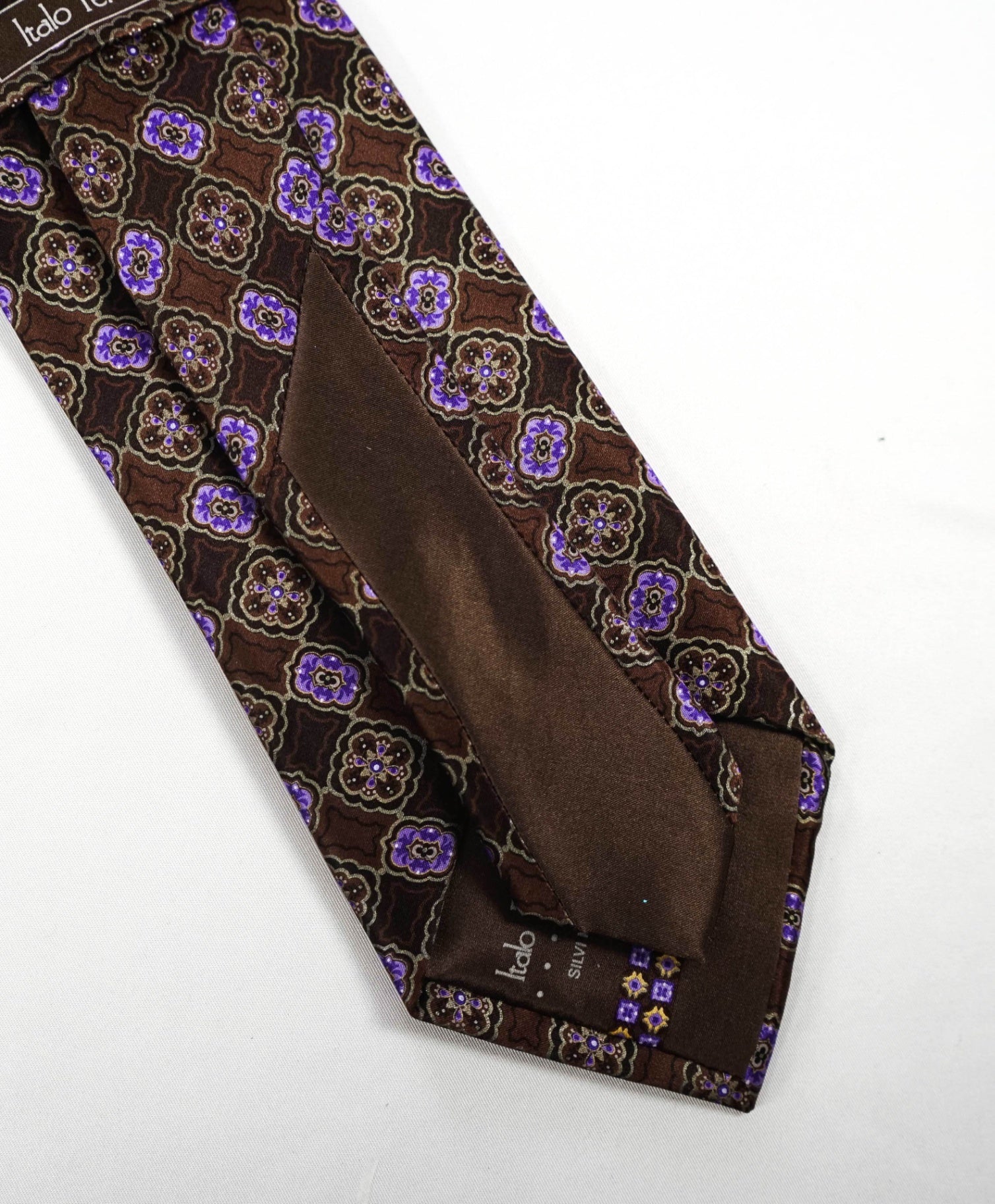 $265 ITALO FERRETTI - Brown/Purple Medallion Printed Silk 3.5" Tie
