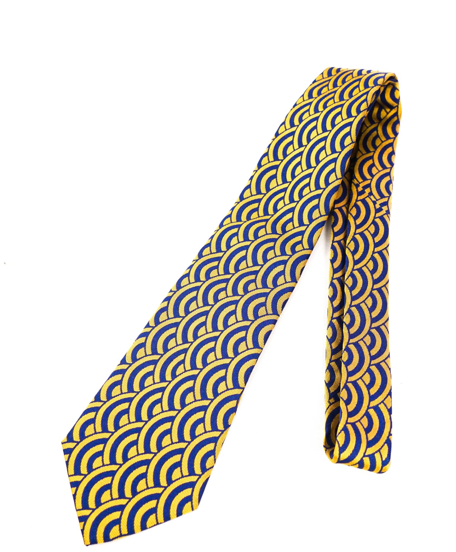 $315 TURNBULL & ASSER - Blue/Gold Seigaiha Silk 3.5" Tie