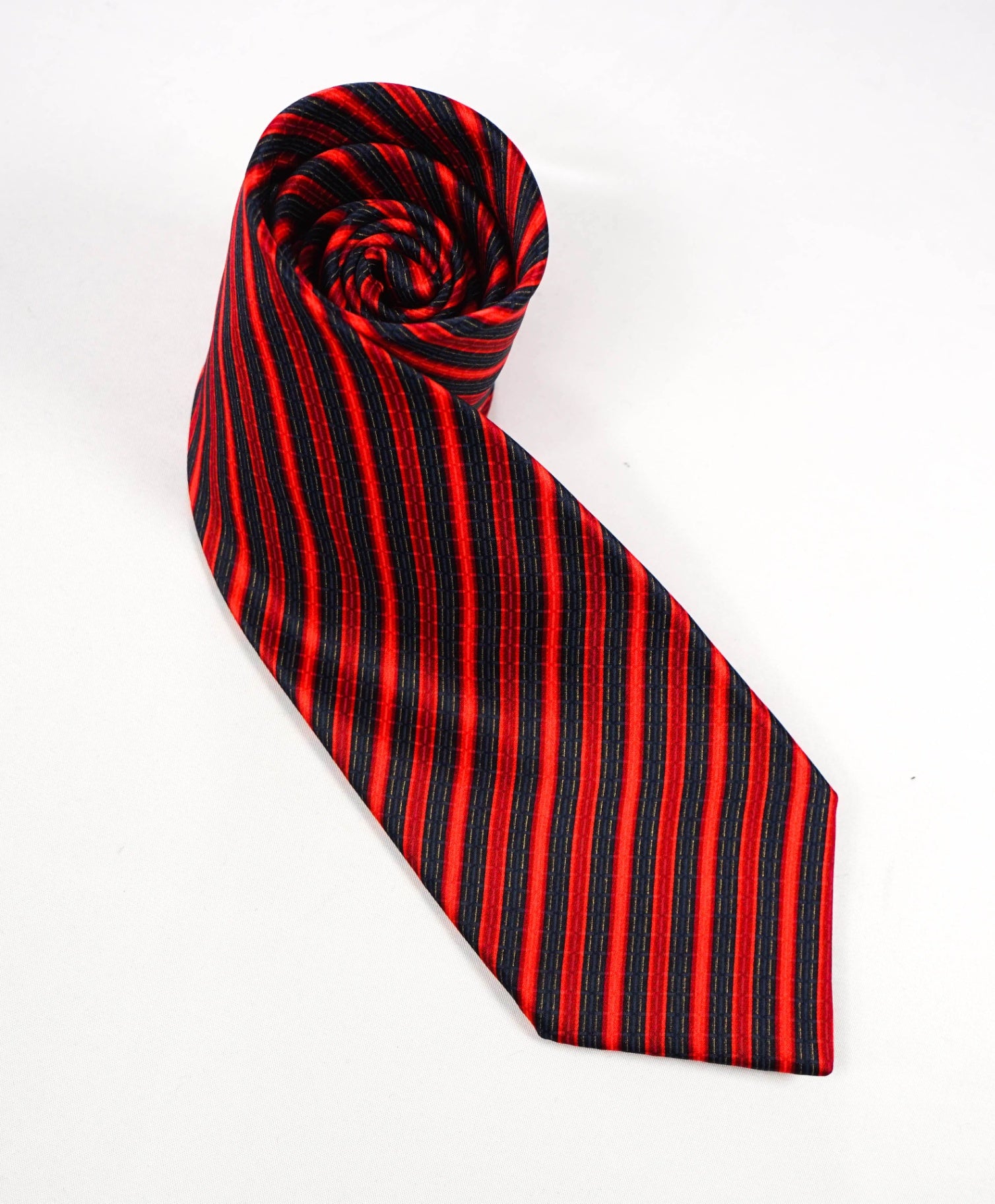 $295 BRIONI - Red/Navy Stripe Silk 3.5" Tie