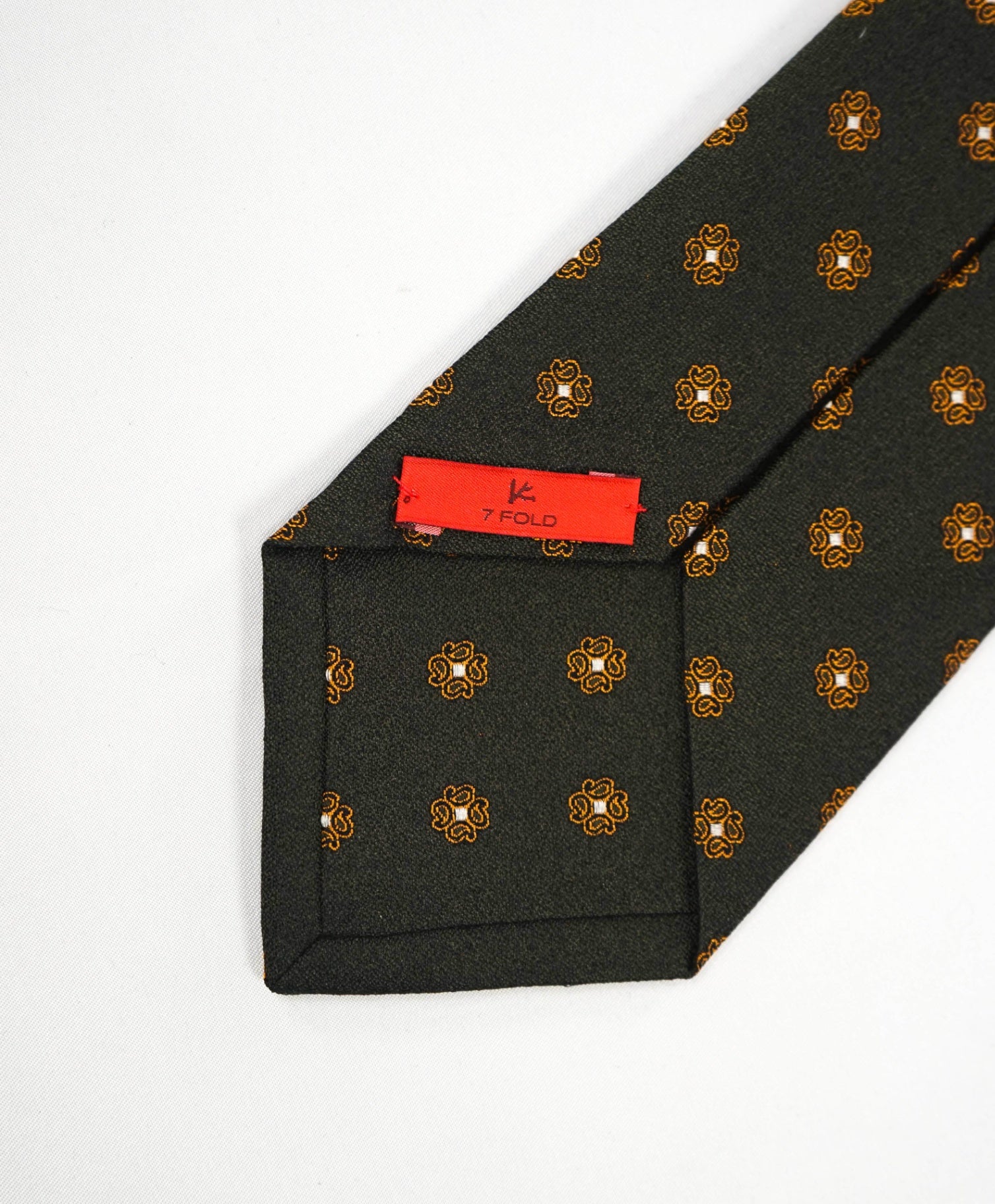 $295 ISAIA - "7 FOLD" Dark Green Medallion Silk 3.25" Tie
