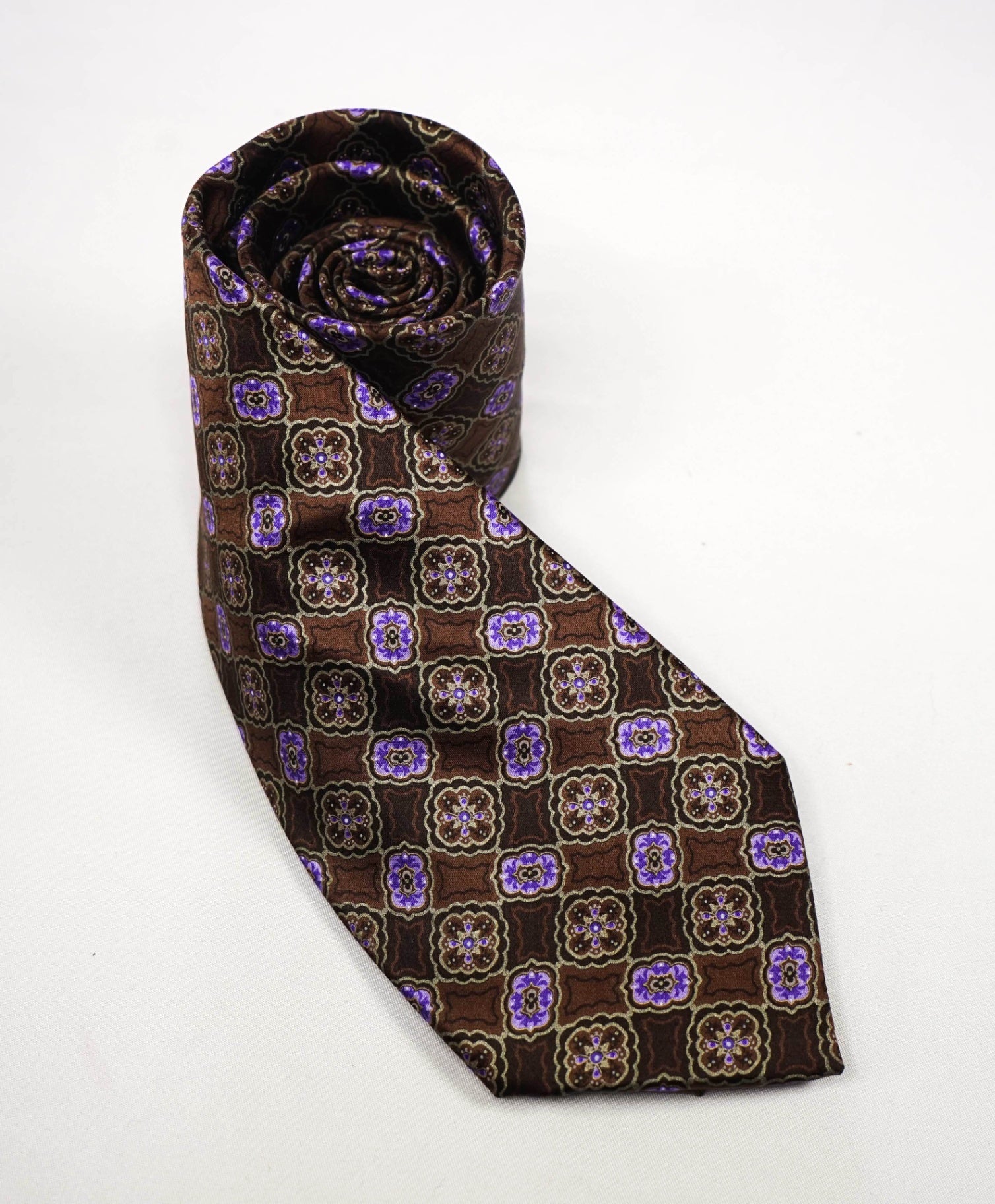 $265 ITALO FERRETTI - Brown/Purple Medallion Printed Silk 3.5" Tie
