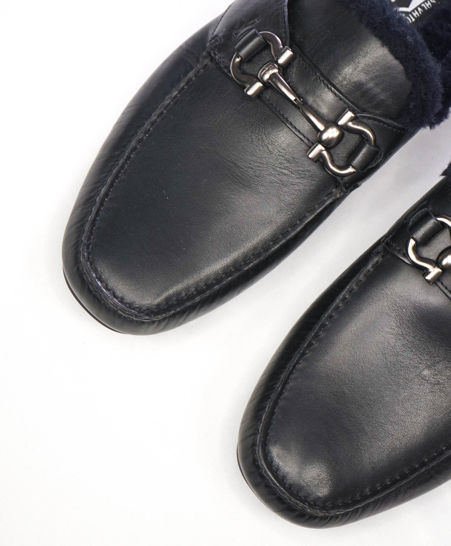 $795 FERRAGAMO - Black Leather Fur Lined Slip on Loafers - 9 M